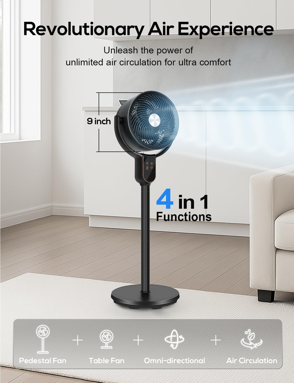 Hykolity Fan For Bedroom, 90+70 Omnidirectional Oscillating Standing Fan, 3 In 1 Pedestal & Tabletop Fan, Quiet Floor Fan With R