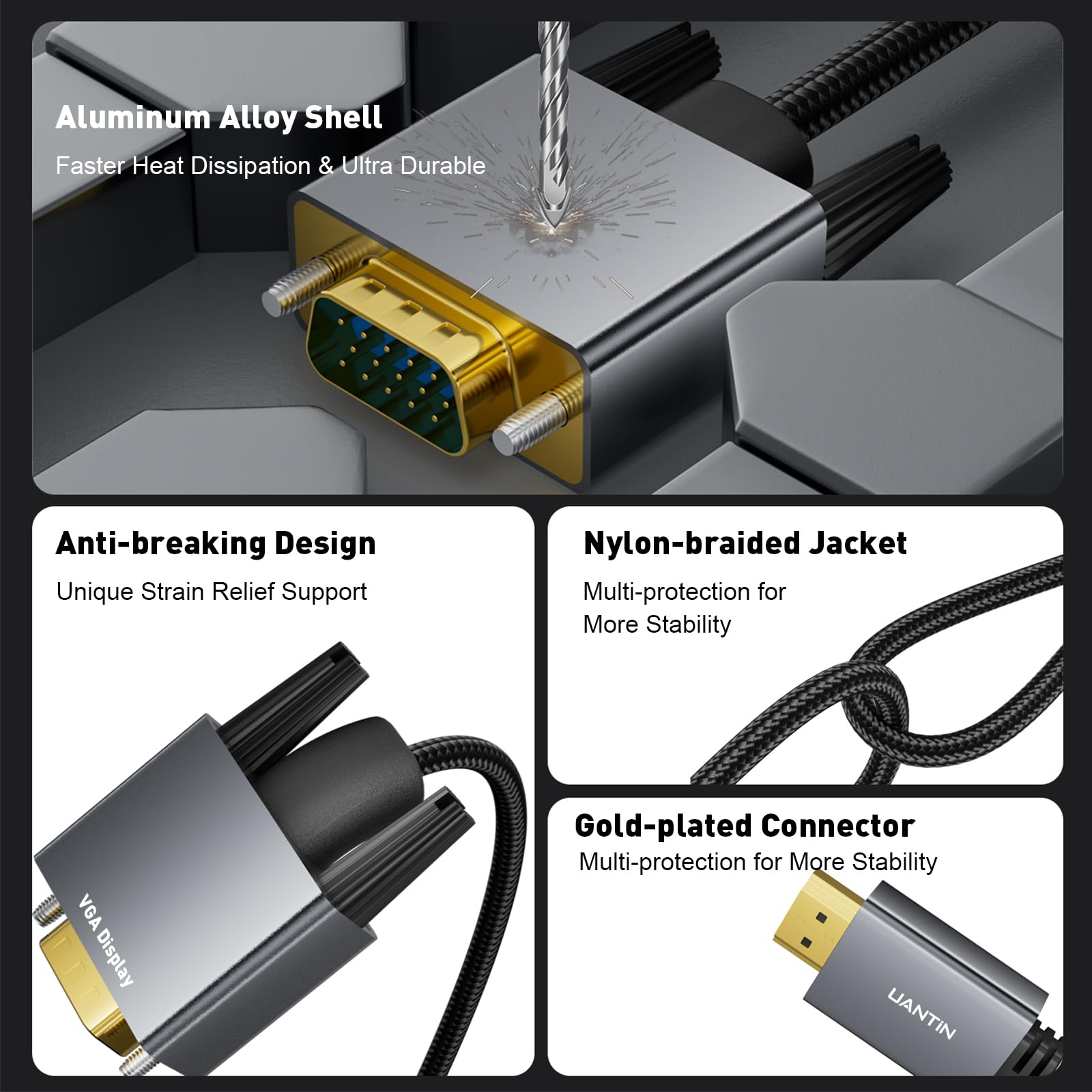 Uantin Displayport To Vga Cable Adapter 6Ft |Aluminum Shell, Nylon Braided| Gold Plated Plugs 1080P Display Port Dp Source To Vg