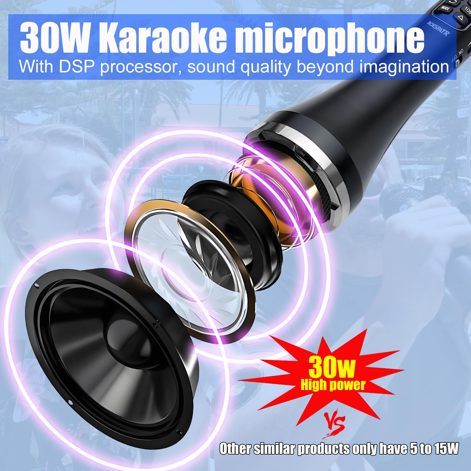Boespatr Portable Karaoke Microphone For Singing 30W High Power, Bluetooth Microphone Wireless With Speaker,Dsp Level Multi-Func