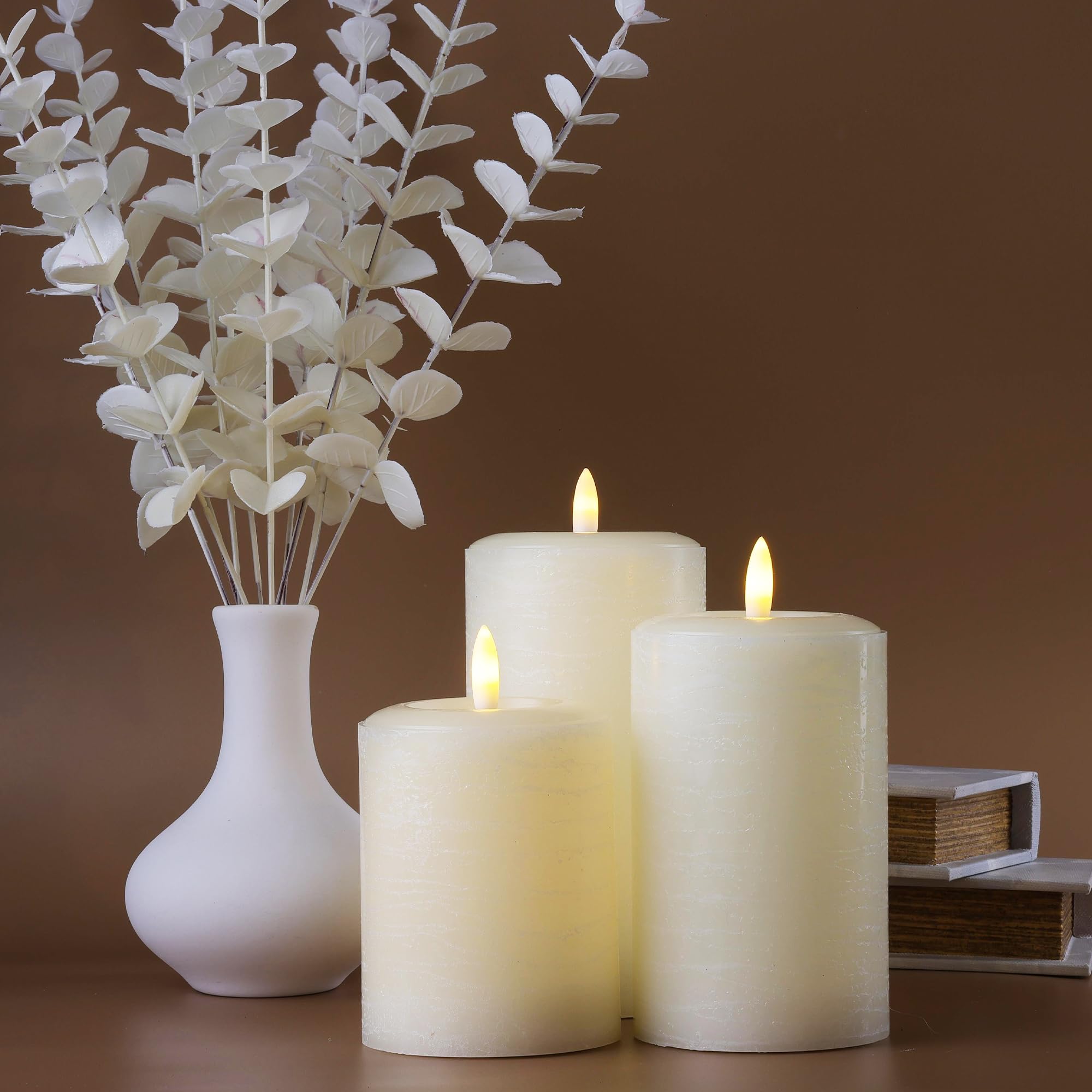 Lumipur Essentials Natural Glow Flameless Flickering Wax Pillar 3 Pack Led Candles (3'' X 4'' 5'' & 6'') Linen White