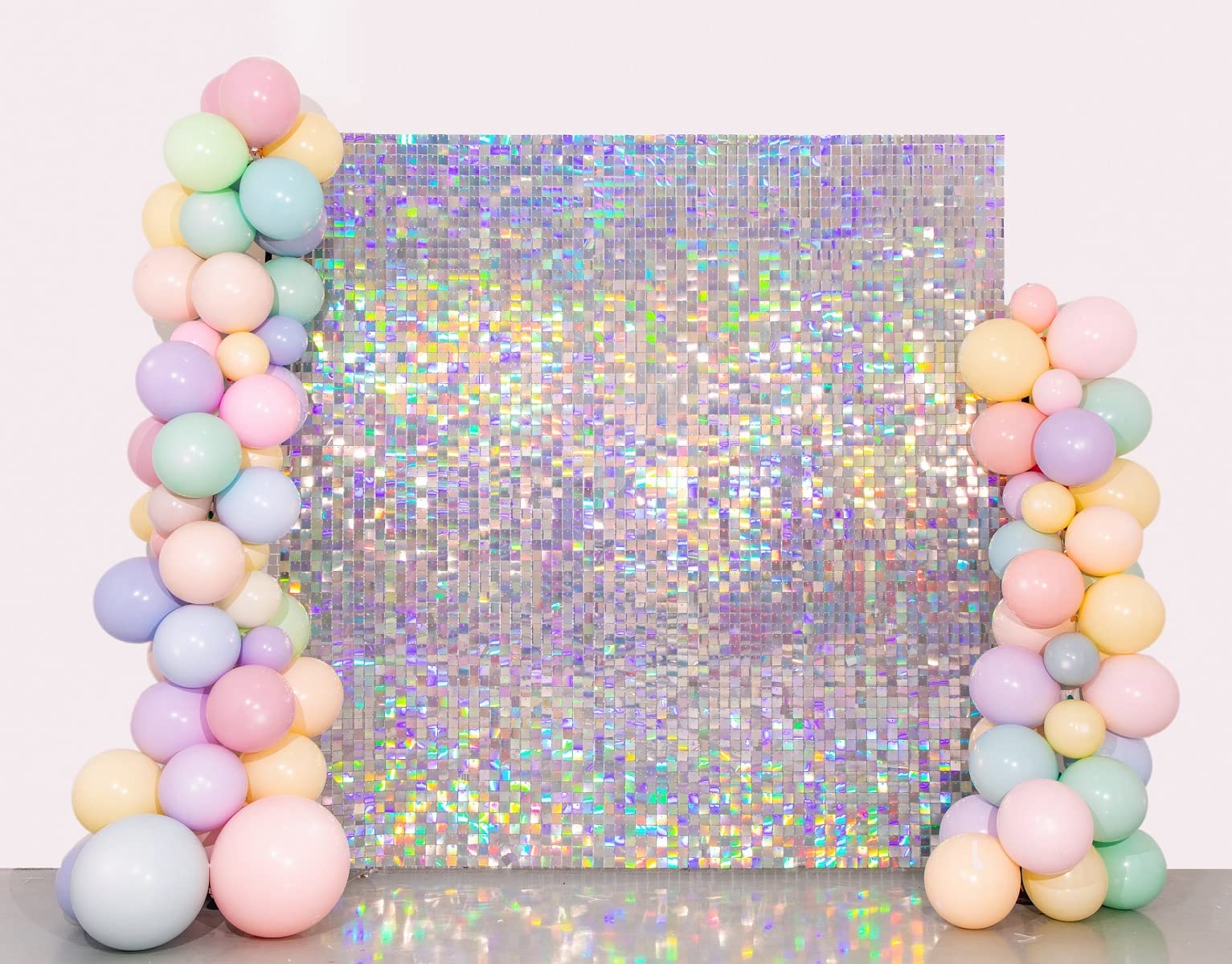 Shimmer Wall Backdrop Iridescent Silver Square Sequin Wall Panel Backdrop Decor For Wedding, Anniversary, Birthday, Party, 24 Pa