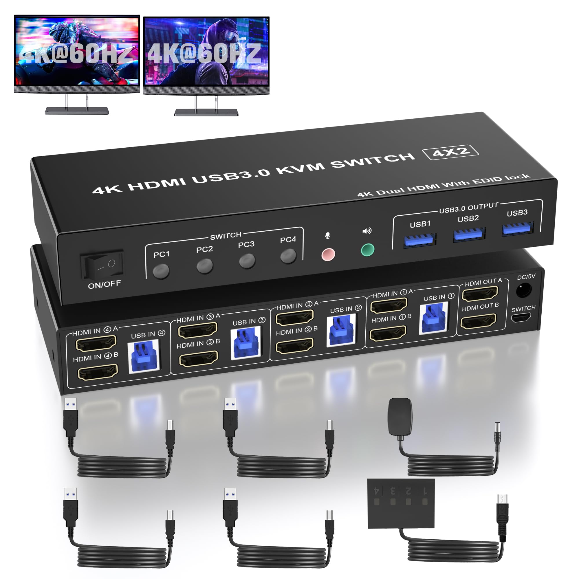 Usb 3.0 Hdmi Kvm Switch 2 Monitors 4 Computers, Support Edid, 4K@60Hz Kvm Switch Hdmi Dual Monitor 4 Pcs, With Audio Microphone