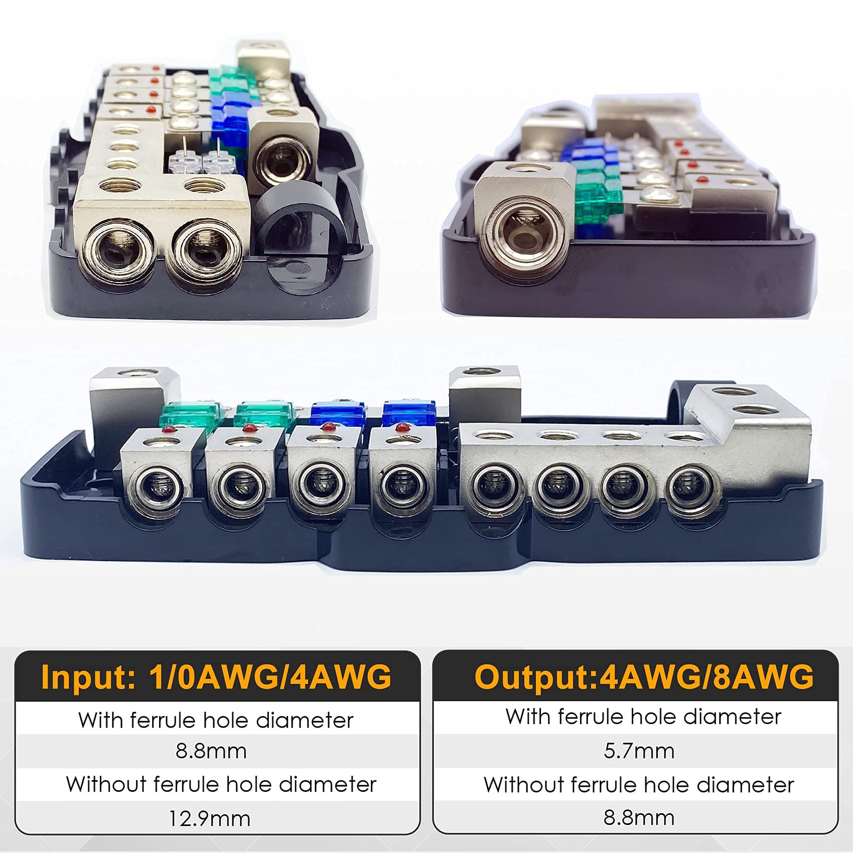 Erayco 4 Way Mini Anl Fused Distribution Block With Ground Block, 12V 48V 0/4 Gauge Power Distribution Block, Car Audio Amplifie