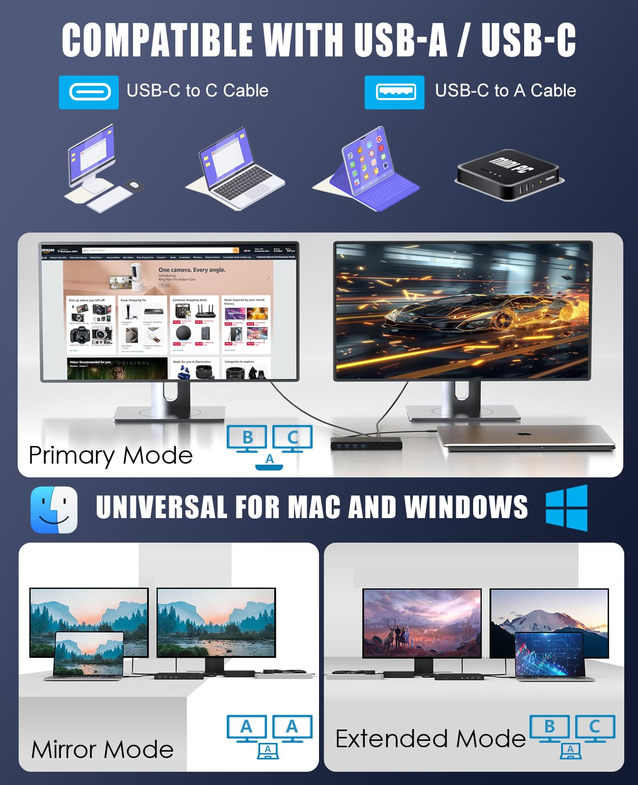 Wavlink Usb 3.0 And Usb C Dual 4K Display Universal Laptop Docking Station With Displayport And Hdmi Docking Staion Dual Monitor