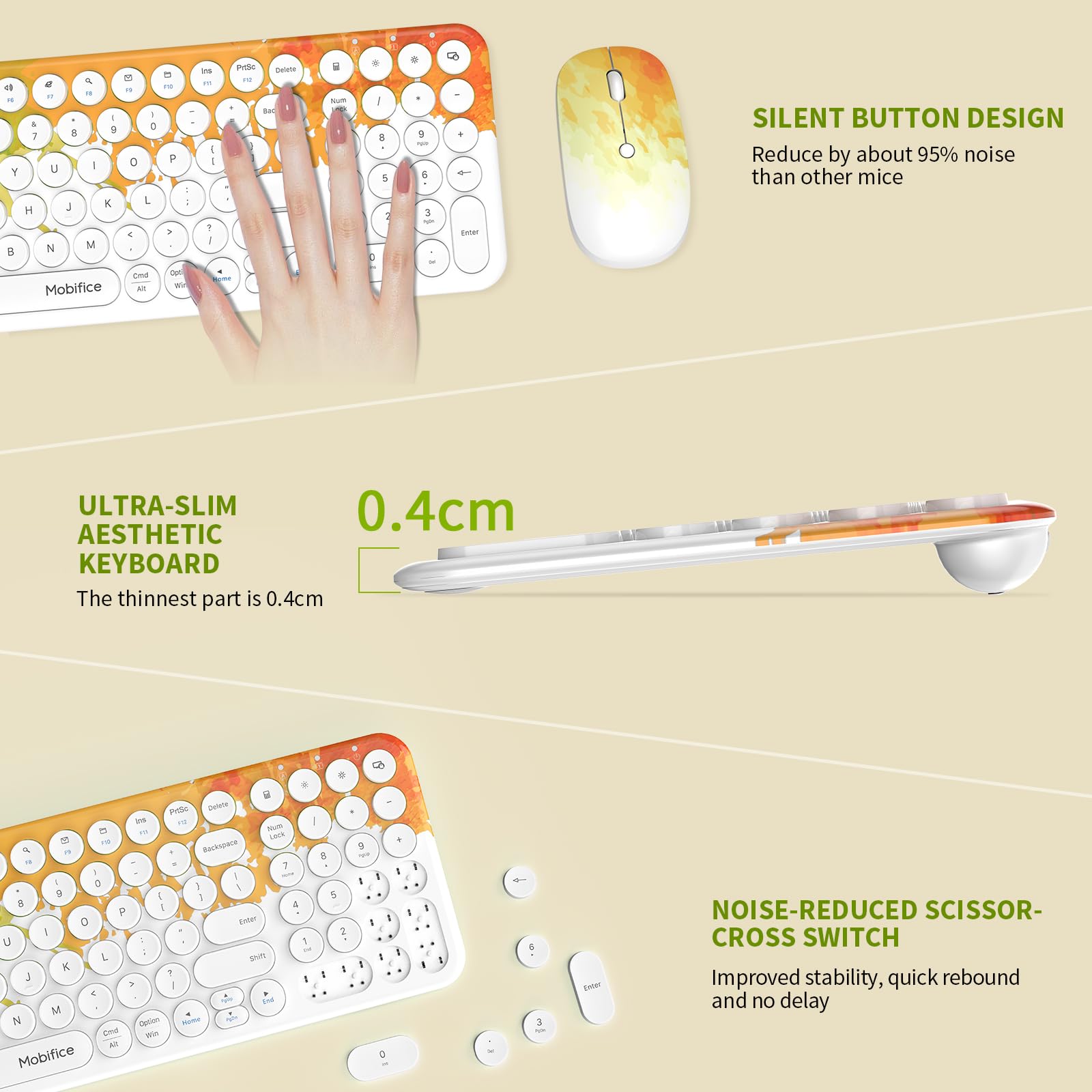 Mobifice 2.4Ghz Usb Wireless Keyboard And Mouse Ultra Thin Cordless Compact Sized Silent Retro Computer Keyboard Mouse Combo For