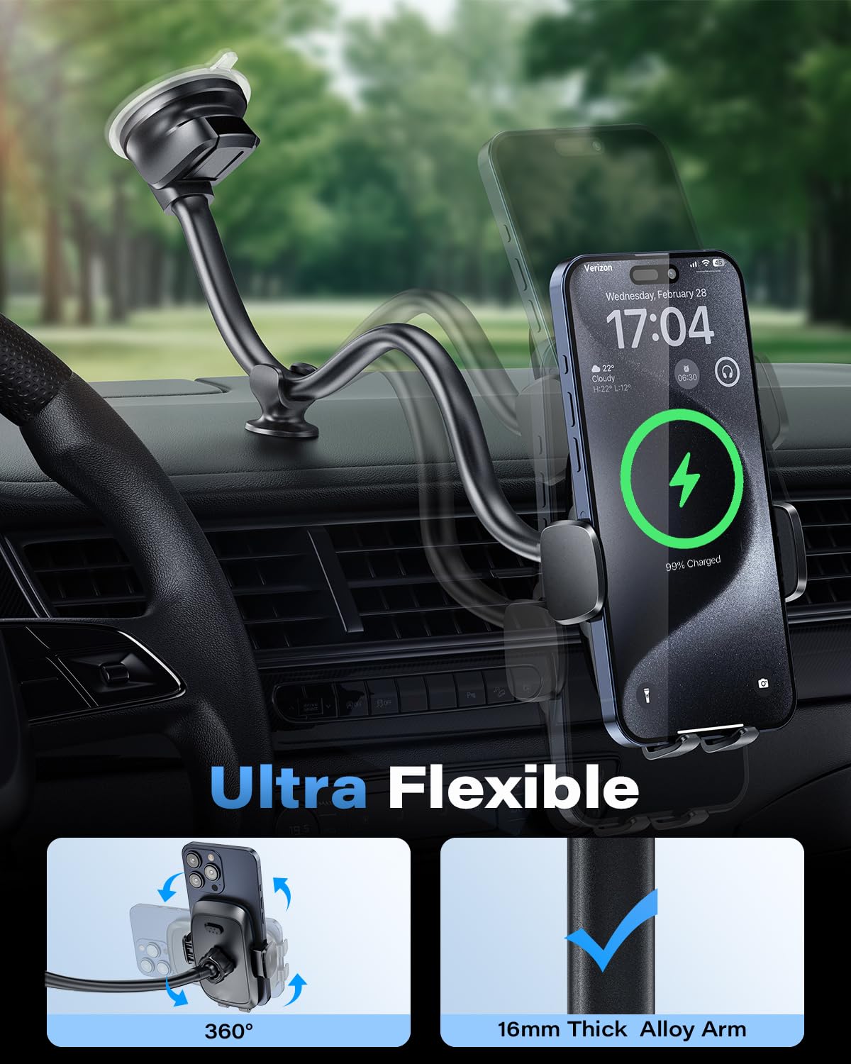 1Zero Solid Car Truck Phone Mount Wireless Charger Holder With 14-Inch Gooseneck Long Arm For Iphone 15 Pro Max Plus 14 13 12 11