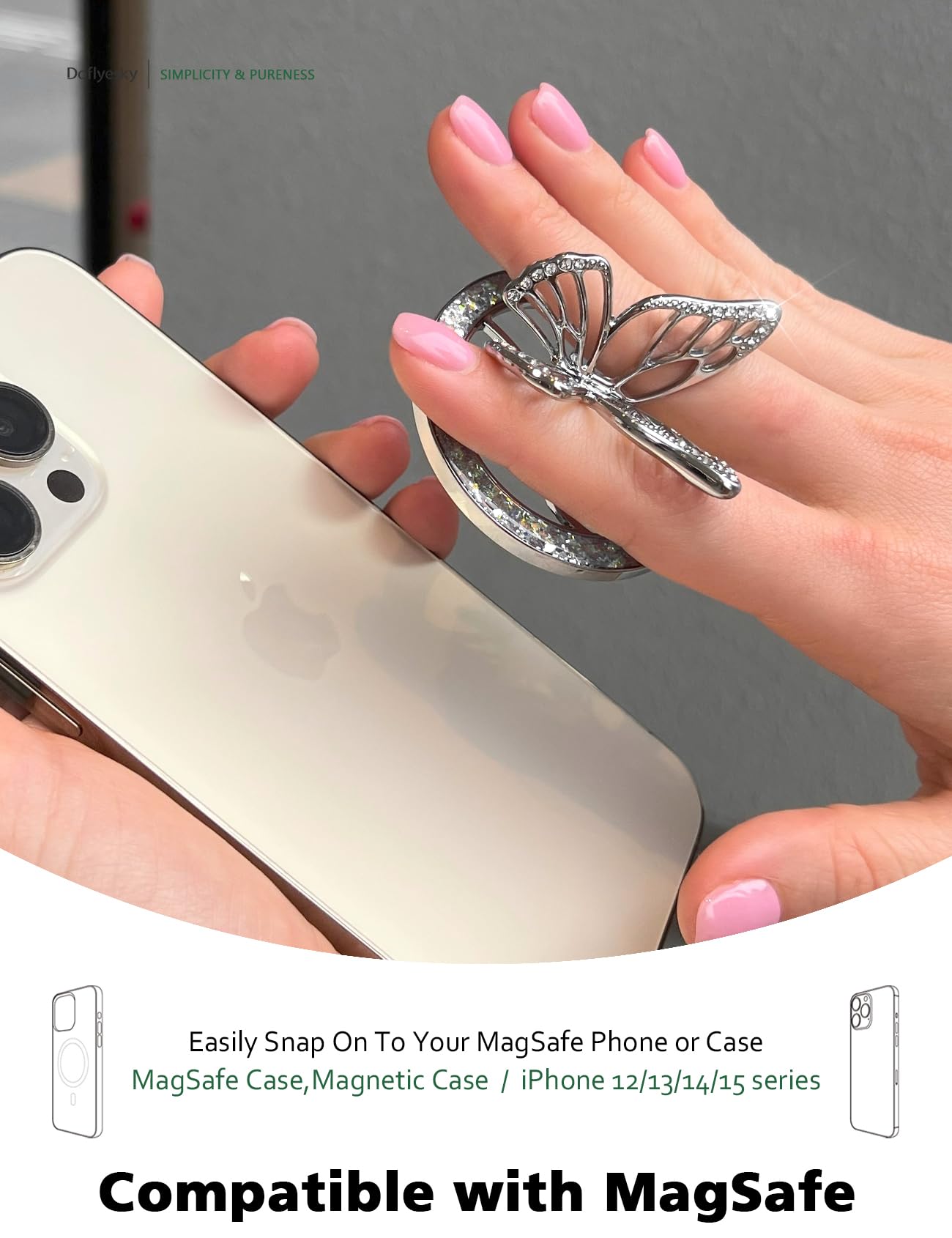 Doflyesky Magnetic Phone Grip For Magsafe, Butterfly Phone Grip Holder Finger Kickstand, Adapter Ring For Magsafe Included (Silv