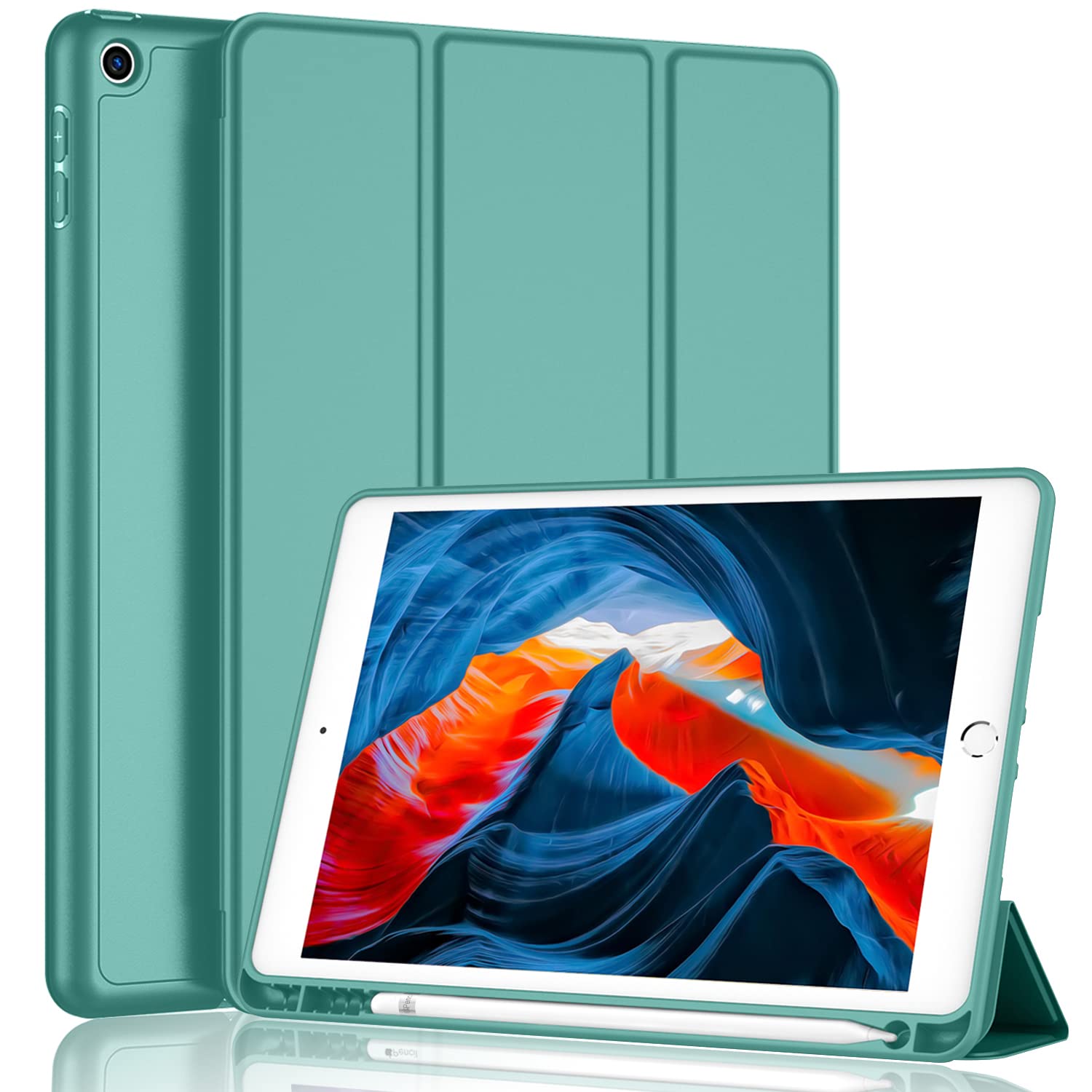 Imieet Ipad 9Th Generation Case 2021/Ipad 8Th Generation Case 2020 10.2 Inch With Pencil Holder, Ipad 7Th Gen 2019 Case With Soft Baby Skin Silicone Back, Auto Wake/Sleep Cover (Forest Green)