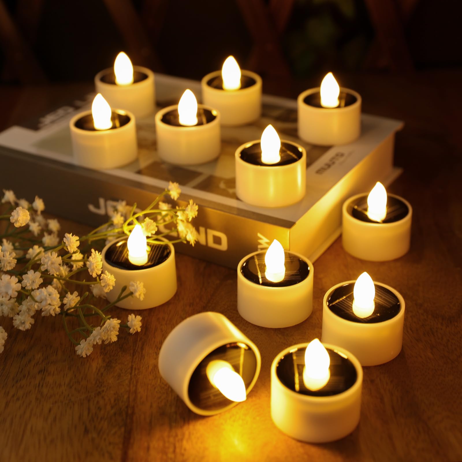 12Pack Solar Tea Lights Outdoor Waterproof, Small Solar Lights with Rechargeable Dusk to Dawn Sensor, Flameless Flickering LED V