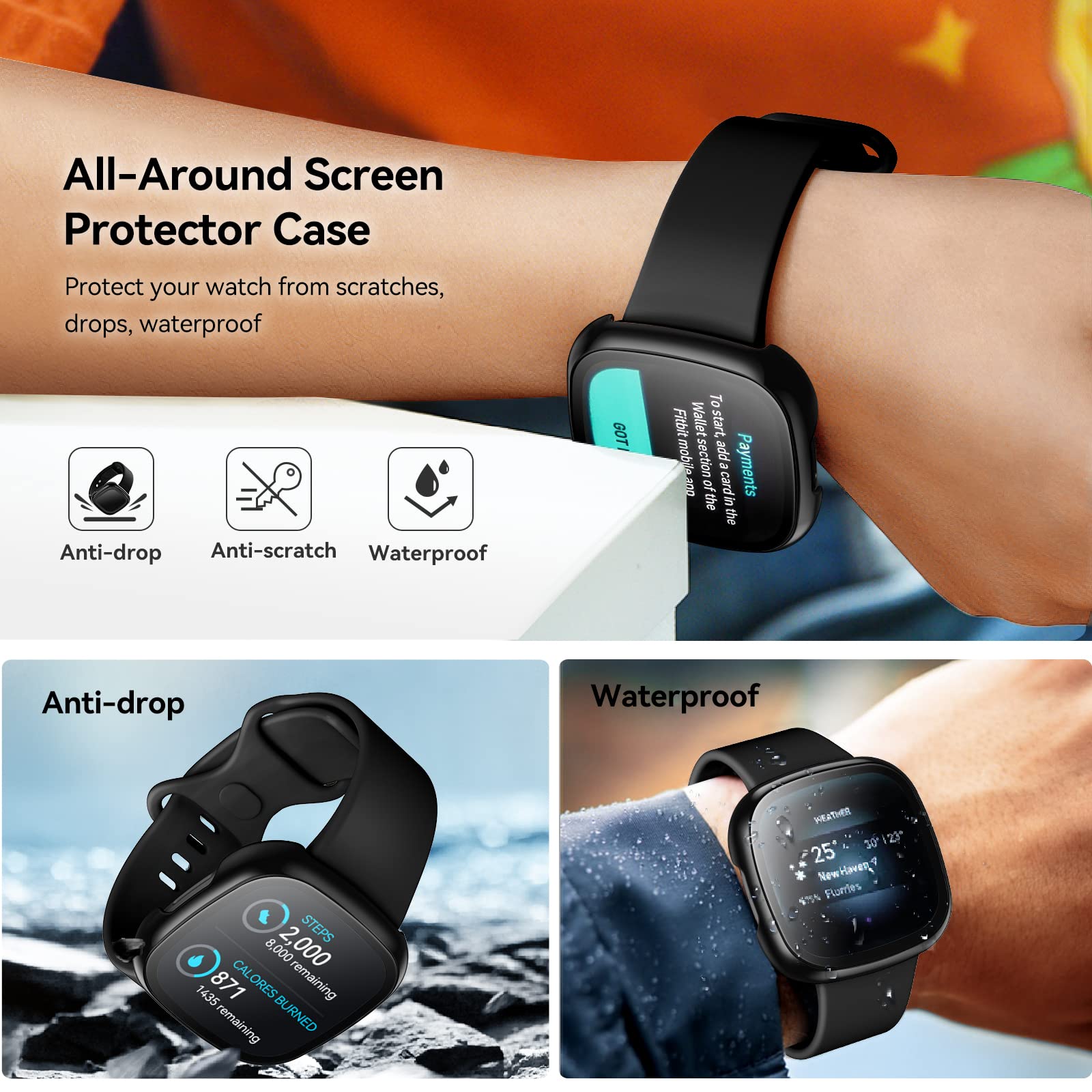 [4 Pack] Ivoler Screen Protector Tempered Glass For Fitbit Sense/Versa 3, Hard Pc Case With Bumper Cover Sensitive Touch Full Coverage Protective Case For Sense/Versa 3 Smart Watch, Black