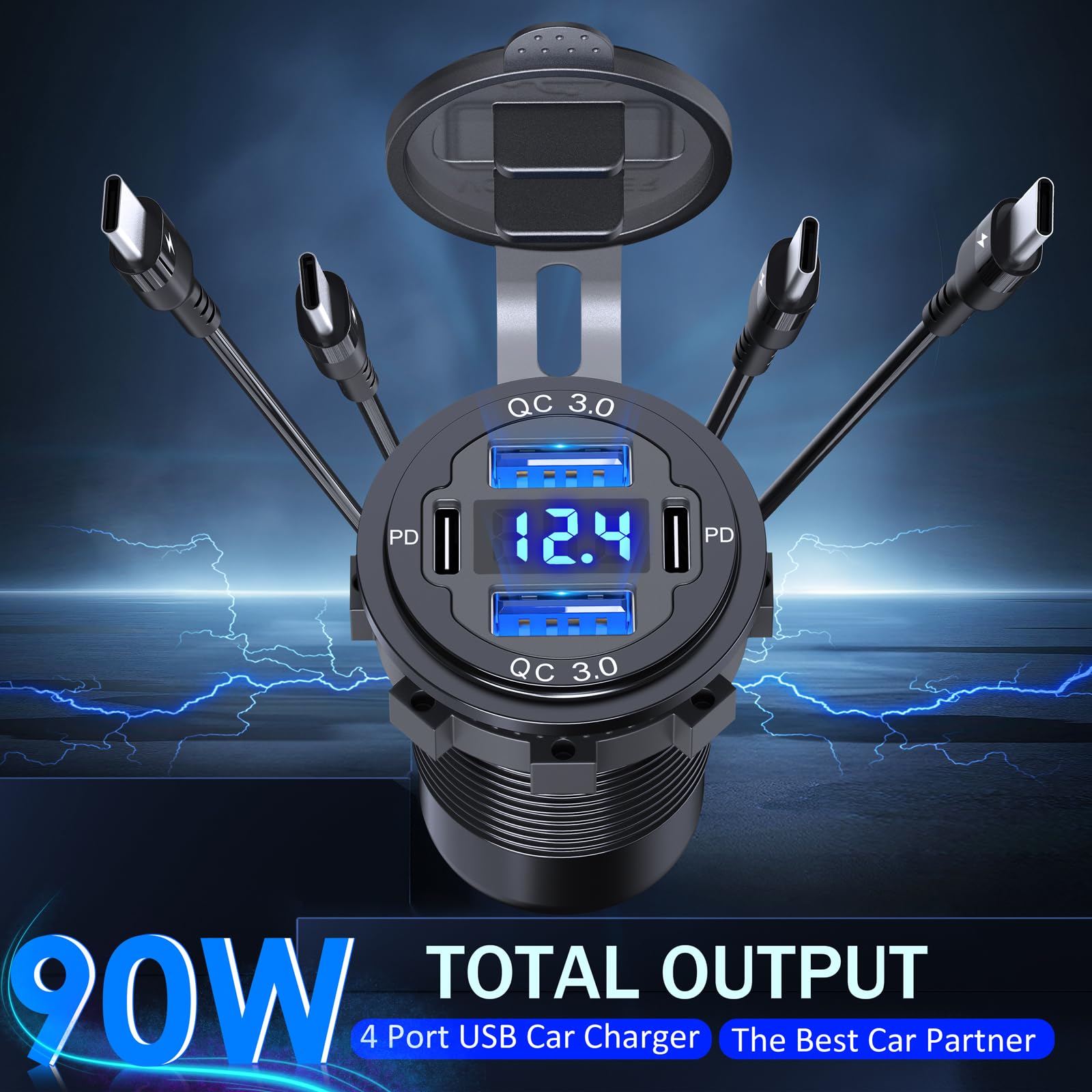 Qidoe 2 Pack 90W Usb Outlet 12V Qidoe Dual 30W Pd & Dual Quick Charge 3.0 Aluminum Usb C Car Charger Socket With Voltmeter For C