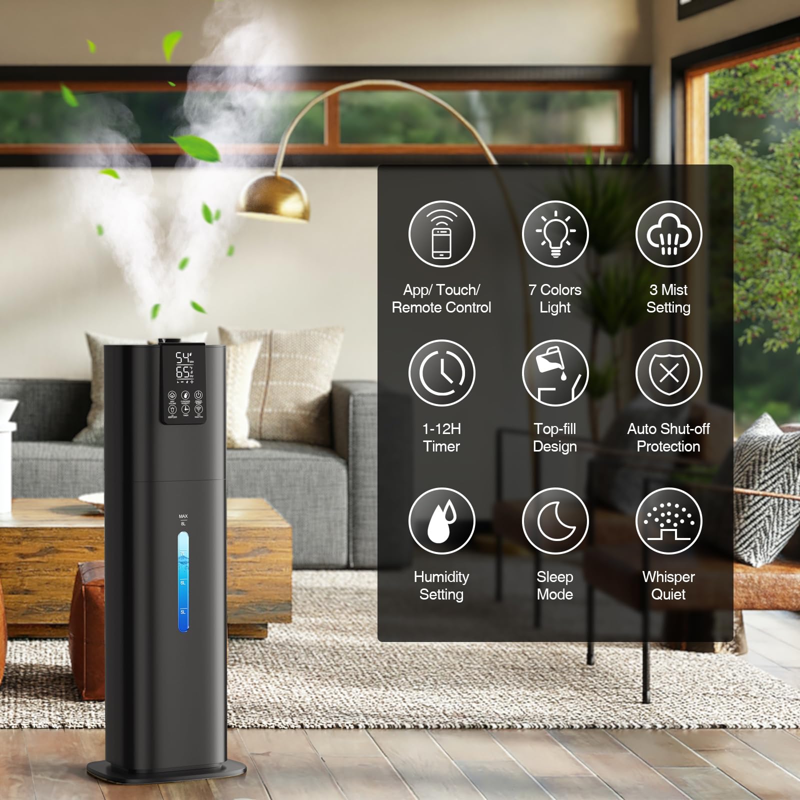 Honovos Smart Humidifiers Large Room Bedroom Home, 2.11Gal(8L) Quiet Top Fill Cool Mist Humidifier, Smart App & Remote Control,