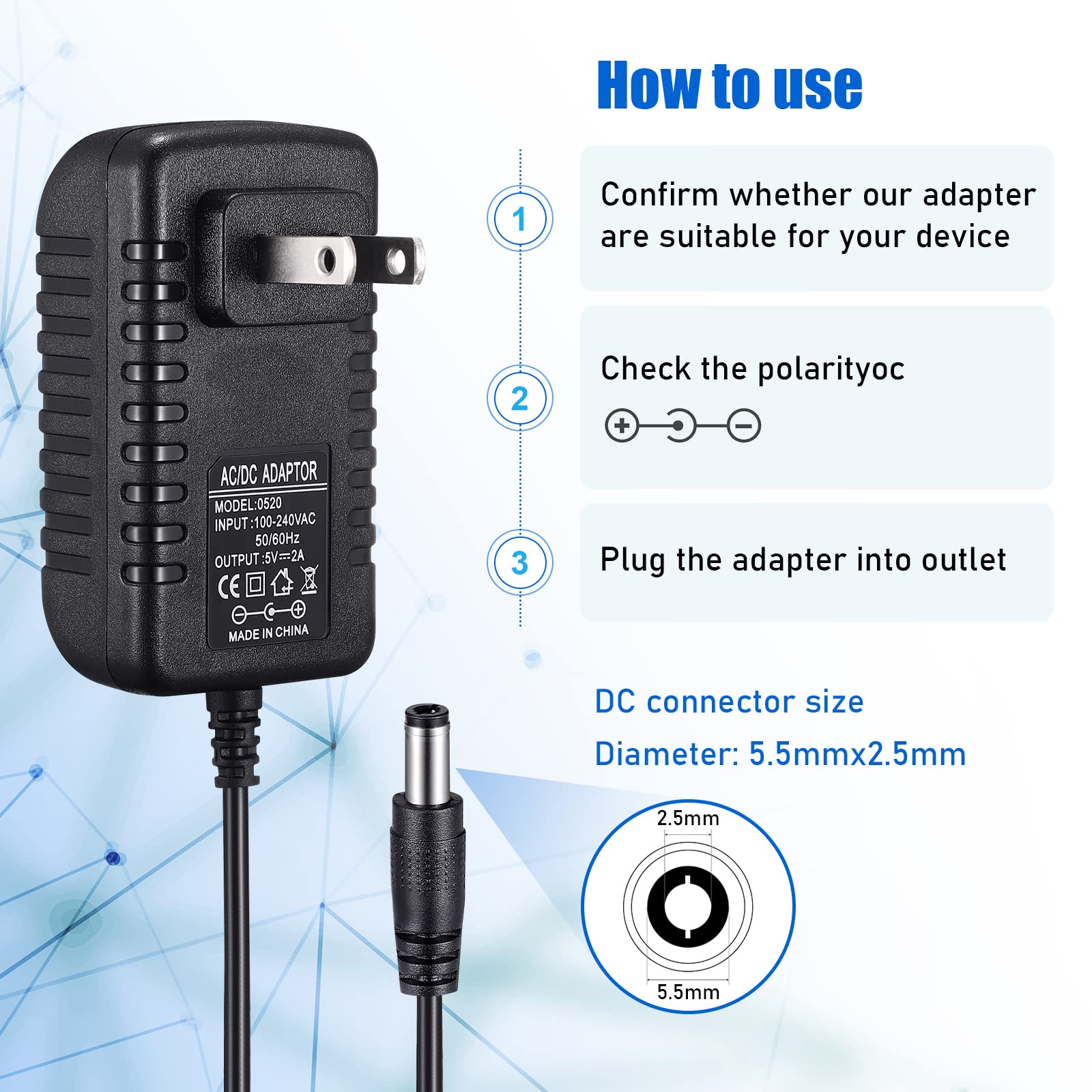 Suacopzar 5V 2A Power Adapter, Dc 5V 10W Switching Power Supply, Ac 100V 240V To Dc 5 Volt 2 Amp Universal Switching Transformer