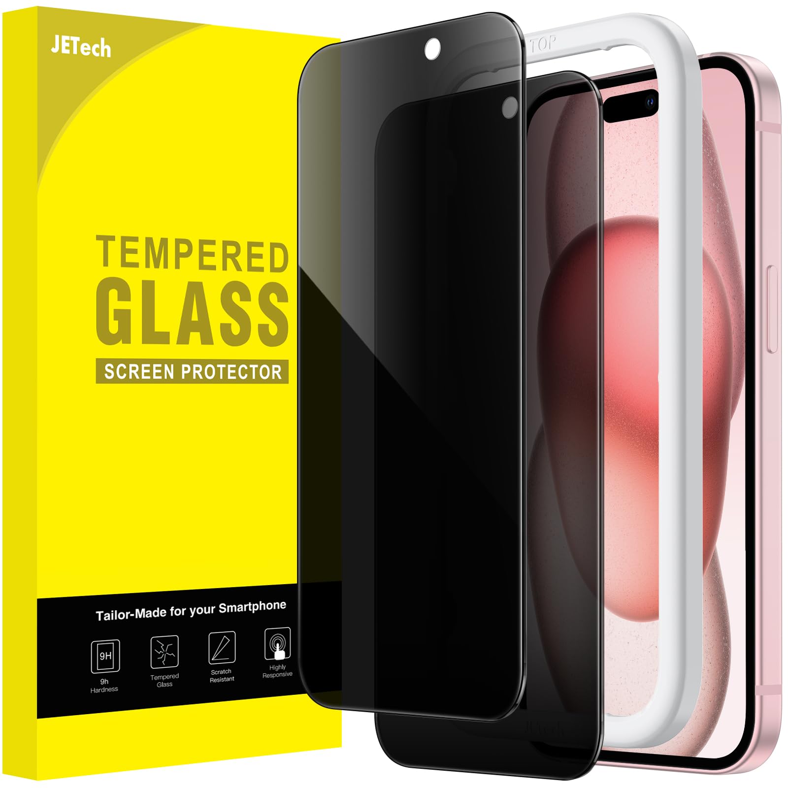 Jetech Privacy Screen Protector For Iphone 15 6.1 Inch, Anti Spy Tempered Glass Film With Easy Installation Tool, 2 Pack