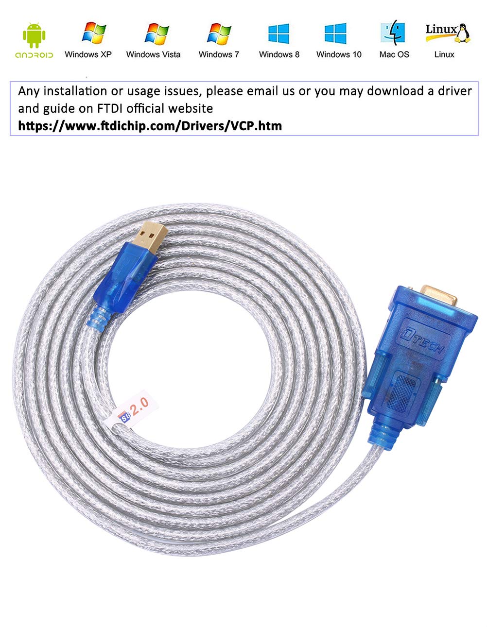 Dtech Usb To Serial Adapter 10 Ft Usb To Rs232 Db9 Female Cable Com Port With Ftdi Chipset Supports Windows 11 10 8 7 Mac Linux