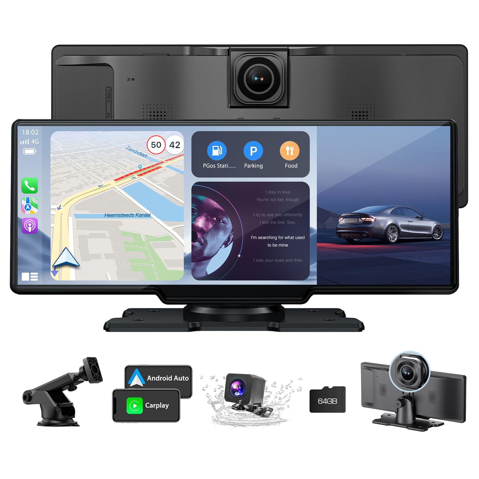 10.26'' Hd Wireless Android & Carplay Screen For Car, Portable Touchscreen Car Stereo With 4K Dash Cam, 1080P Backup Camera, Blu
