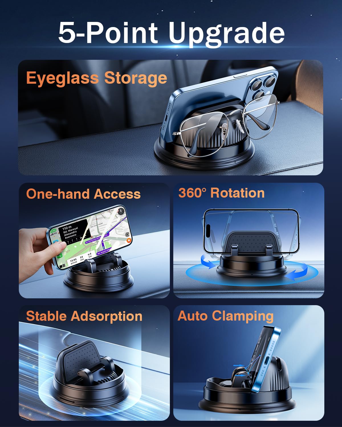 Dicmky Dash Cell Phone Car Mount, Multifunctional Car Dashboard Mobile Phone Holder, 360 Rotatable Universal Dash Mounted Car Ph