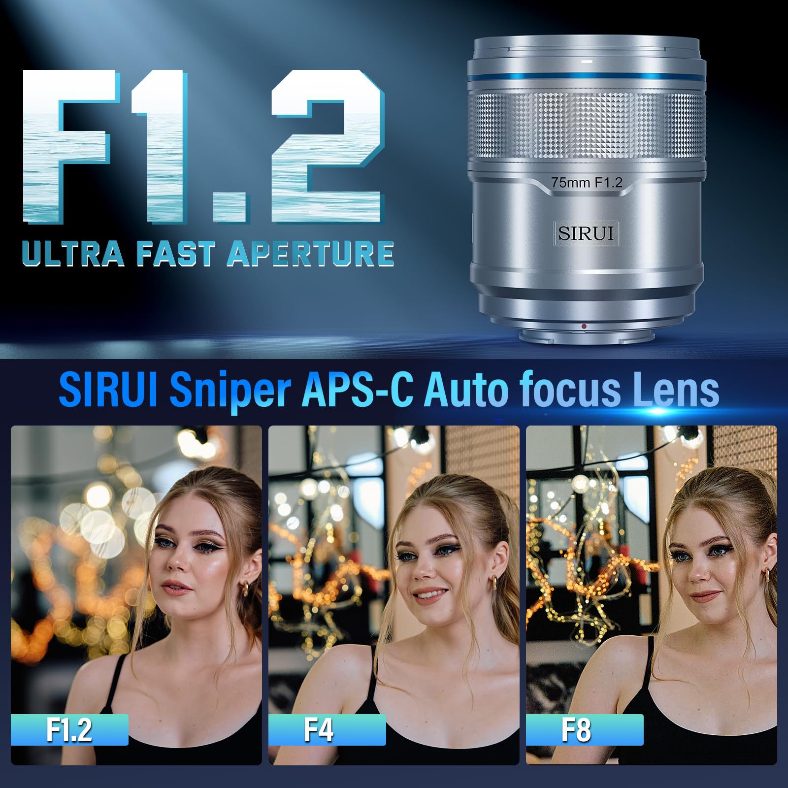 Sirui Sniper 75Mm Autofocus Lens, F1.2 Telephoto Aps-C Camera Lens For A5, A6, Fx30, Zv-E10 (E Mount, Silver)