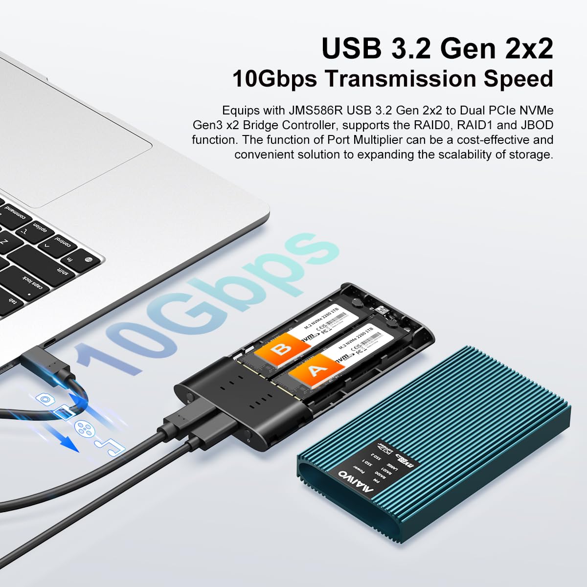 Maiwo M.2 Nvme Pcie Raid Enclosure, Dual Bay Enclosure For M.2 Nvme Pcie Ssd With Raid0/1/Pm/Jbod, Usb 3.2 Gen2X2 Type C 20Gbps Speed, 8Tb Capacity (K2022R)