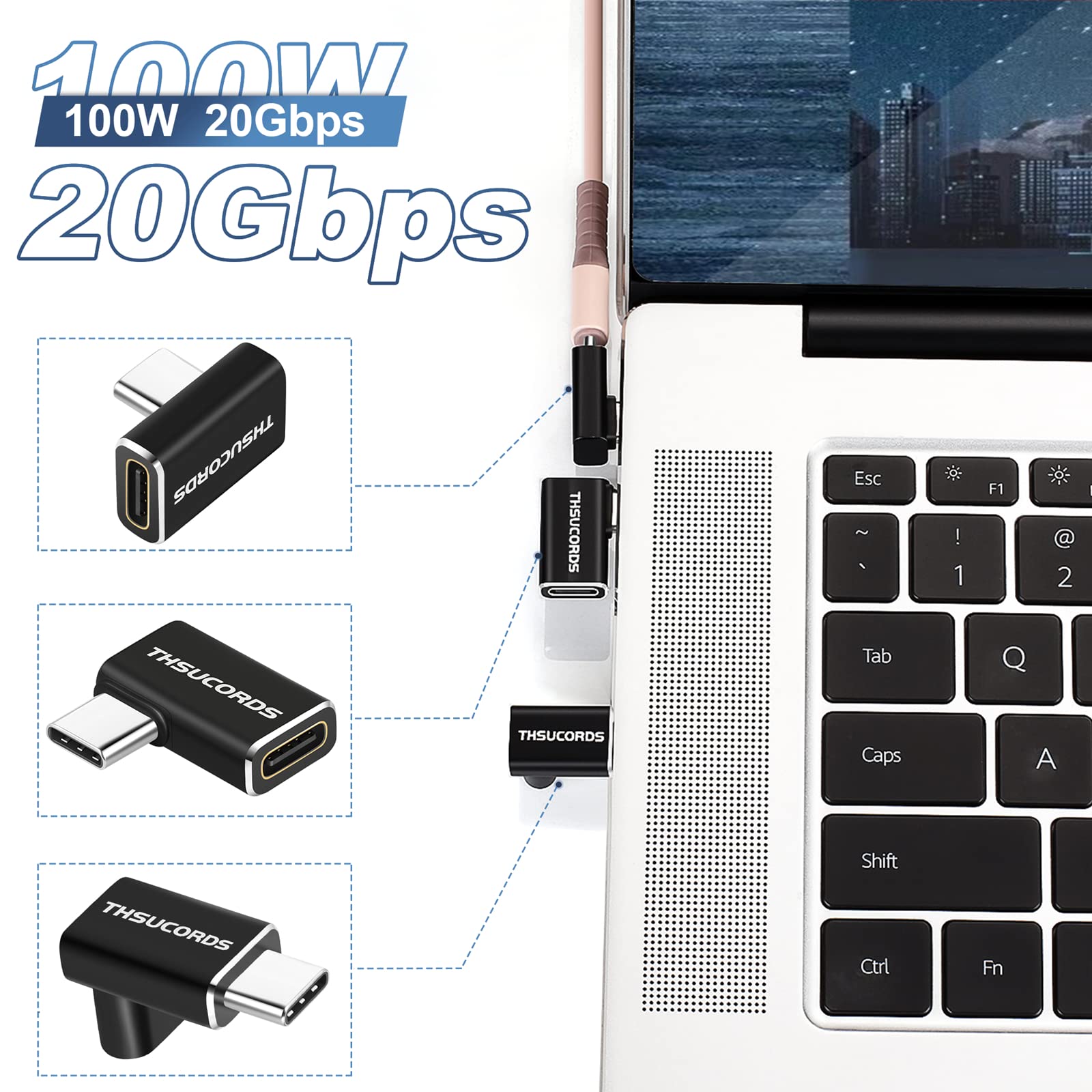 Thsucords 90 Degree Usb C Adapter 2 Pack, Usb Type C 3.2 100W 20Gbps Male To Female Right Angle Extender Connector, 4K@60Hz Vide