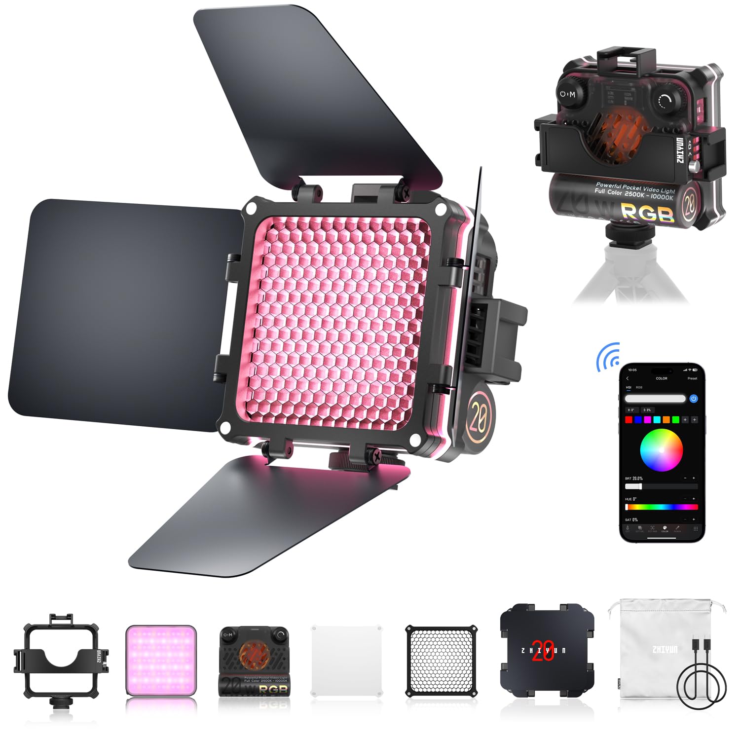 Zhiyun Fiveray M20C Combo [Official] Rgb Video Light, 20W Portable Camera Light, Hsi Mode, Tlci 96+, Temperature 2500K 10000K Wi