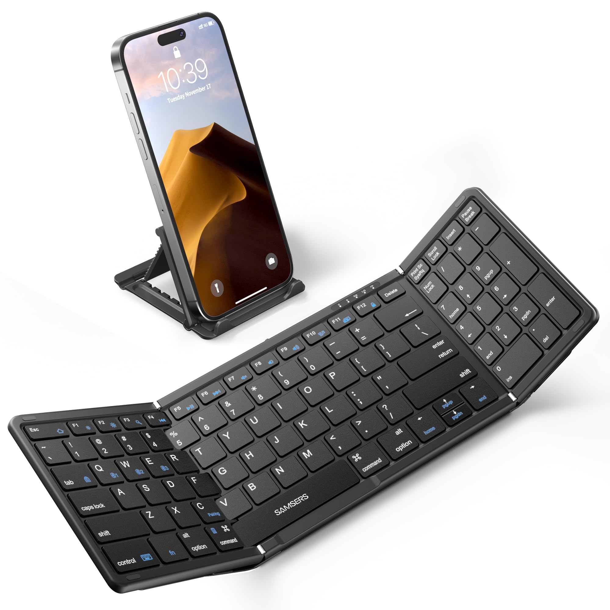 Foldable Bluetooth Keyboard with Numeric Keypad, Samsers Full-Size Wireless Folding Keyboard with PU Leather, Portable Travel Ke