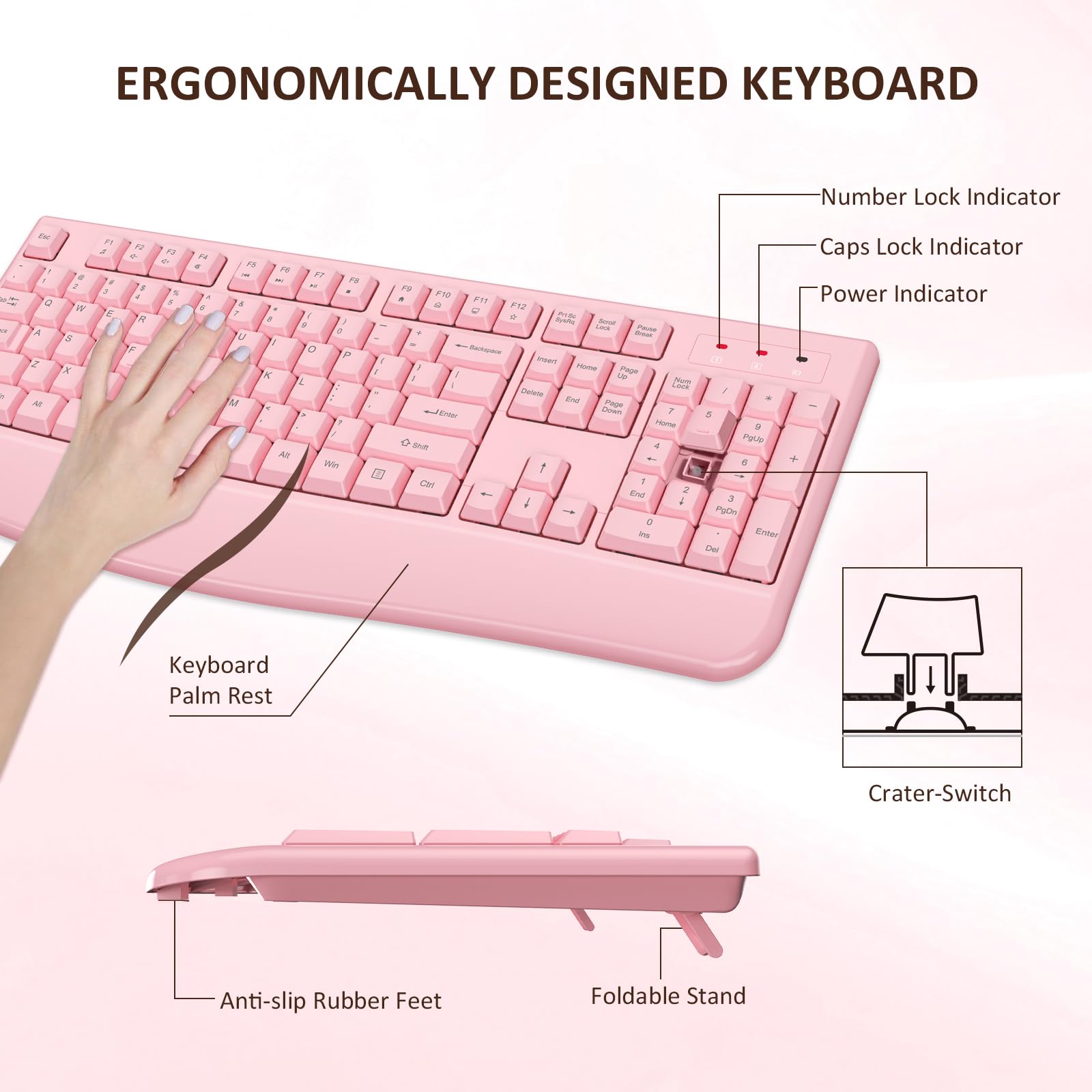 Edjo Wireless Keyboard And Mouse Combo, 2.4G Full Sized Ergonomic Computer Keyboard With Wrist Rest And 3 Level Dpi Adjustable W