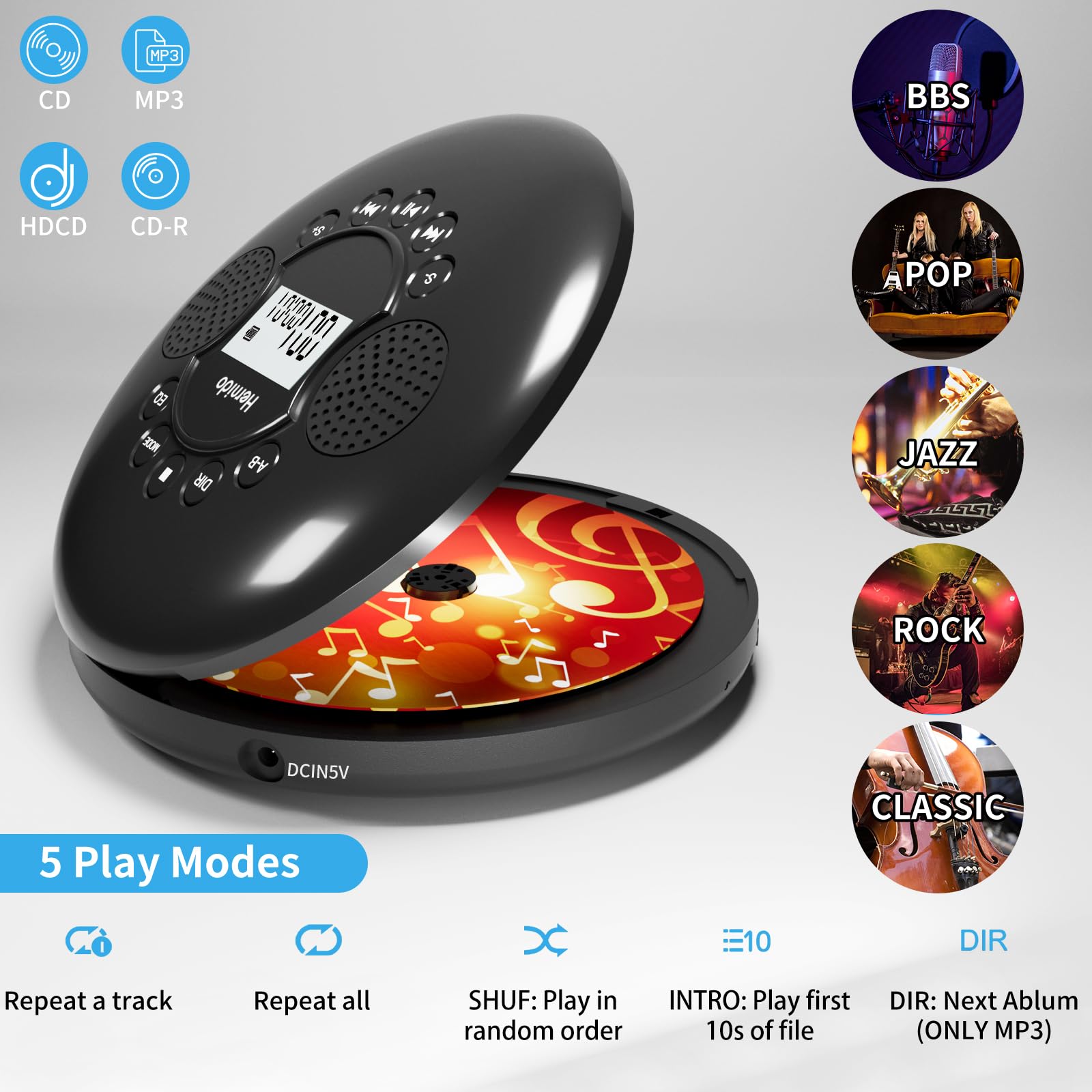 Cd Player Portable, Hernido Portable Cd Player For Car With Stereo Speakers, Rechargeable Walkman Cd Player With Headphone, Aux,