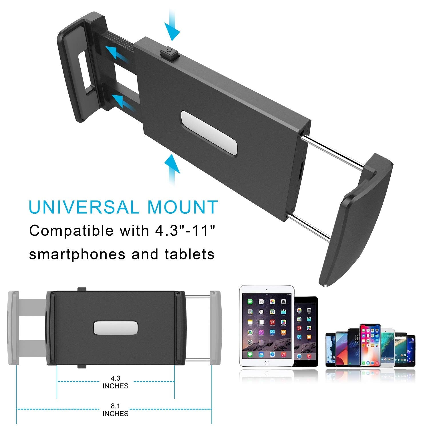 Apps2Car Tablet Holder For Car, Car Tablet Mount With Adjustable Clamp (Up To 8.3'), 10.57' Height Adjustable Ipad Holder For 4.3' 11' Cell Phones & Tablets, Perfect Travel Companion