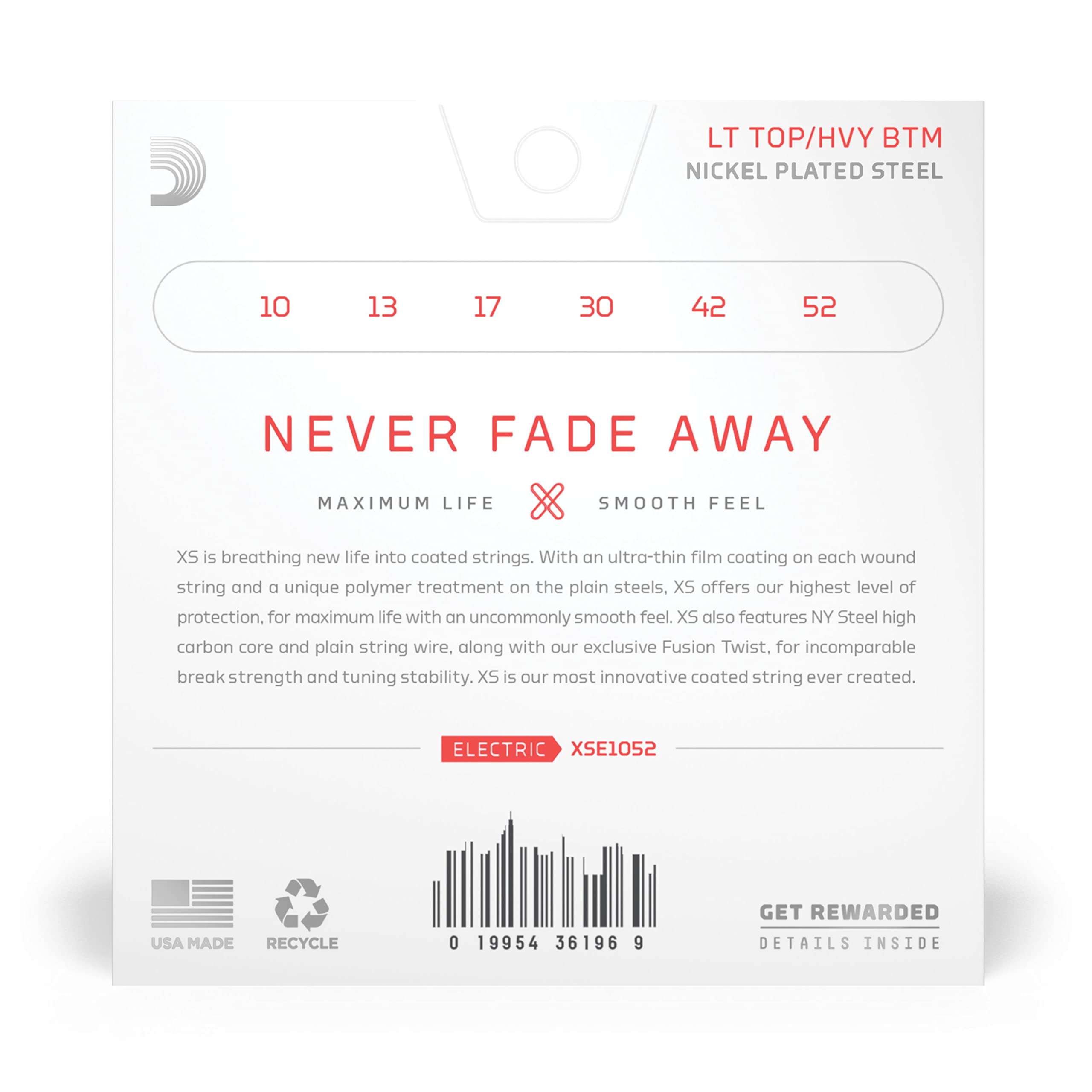 Daddario Electric Guitar Strings, Xs Nickel Coated, Xse1052, Light Top/Heavy Bottom Gauge 10-52, 6-String Set, Pack Of 1