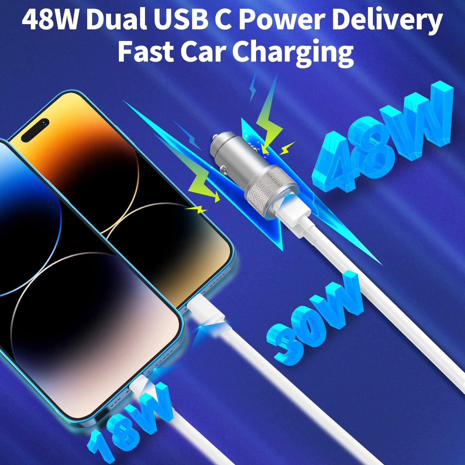 [Apple Mfi Certified] Iphone Fast Car Charger, Veetone 48W Dual Port Usb C Power Delivery All Metal Car Adapter With 2 Pack Ligh
