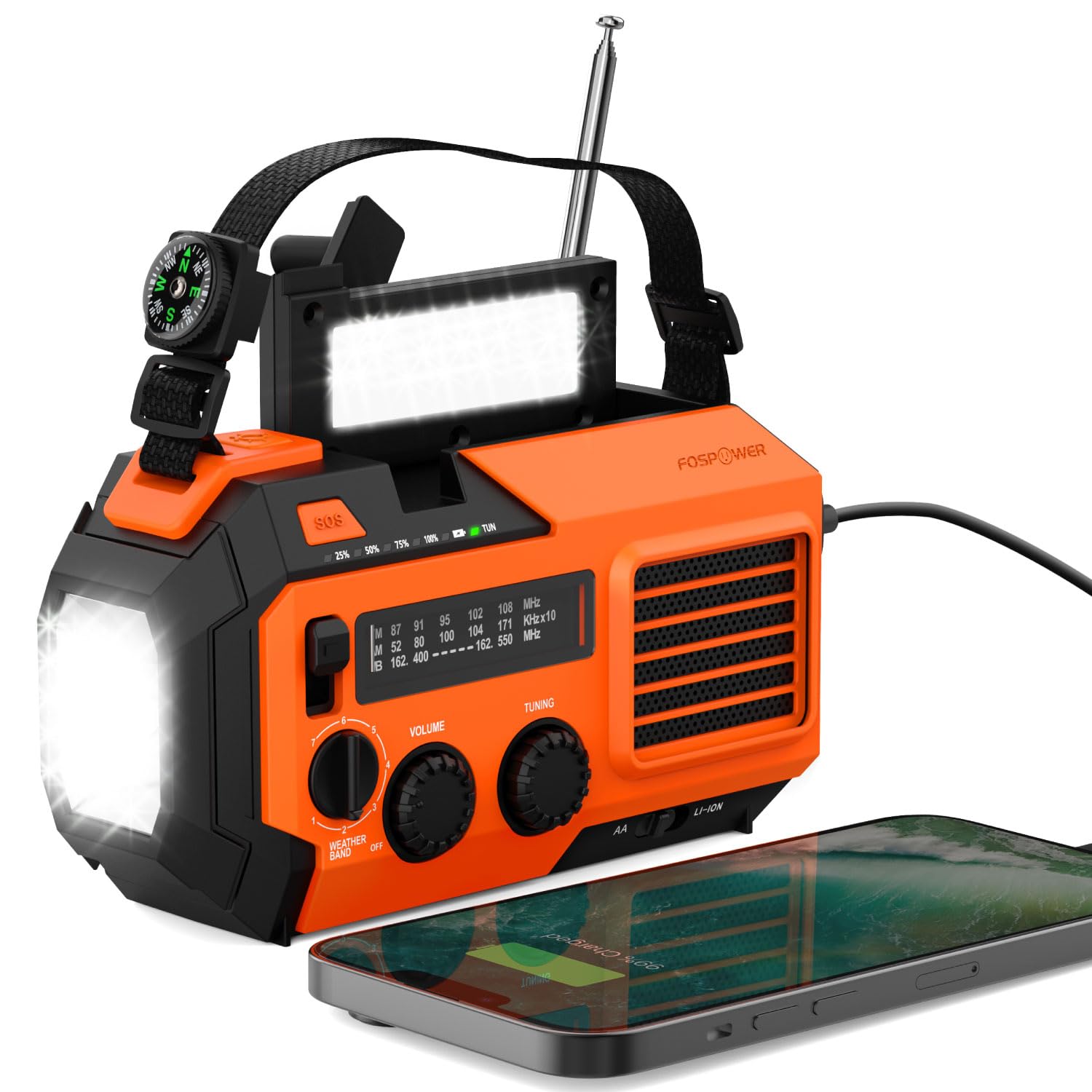 FosPower Emergency Weather Radio (Model A6) NOAA/AM/FM with 18500mWh Portable Power Bank, USB/Solar/Hand Crank Charging, Battery