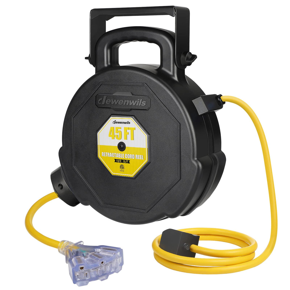 Dewenwils 45Ft Retractable Extension Cord Reel, Wall/Ceiling Mountable Electrical Cord Reel With Lighted Triple Outlets, 12/3 Sj