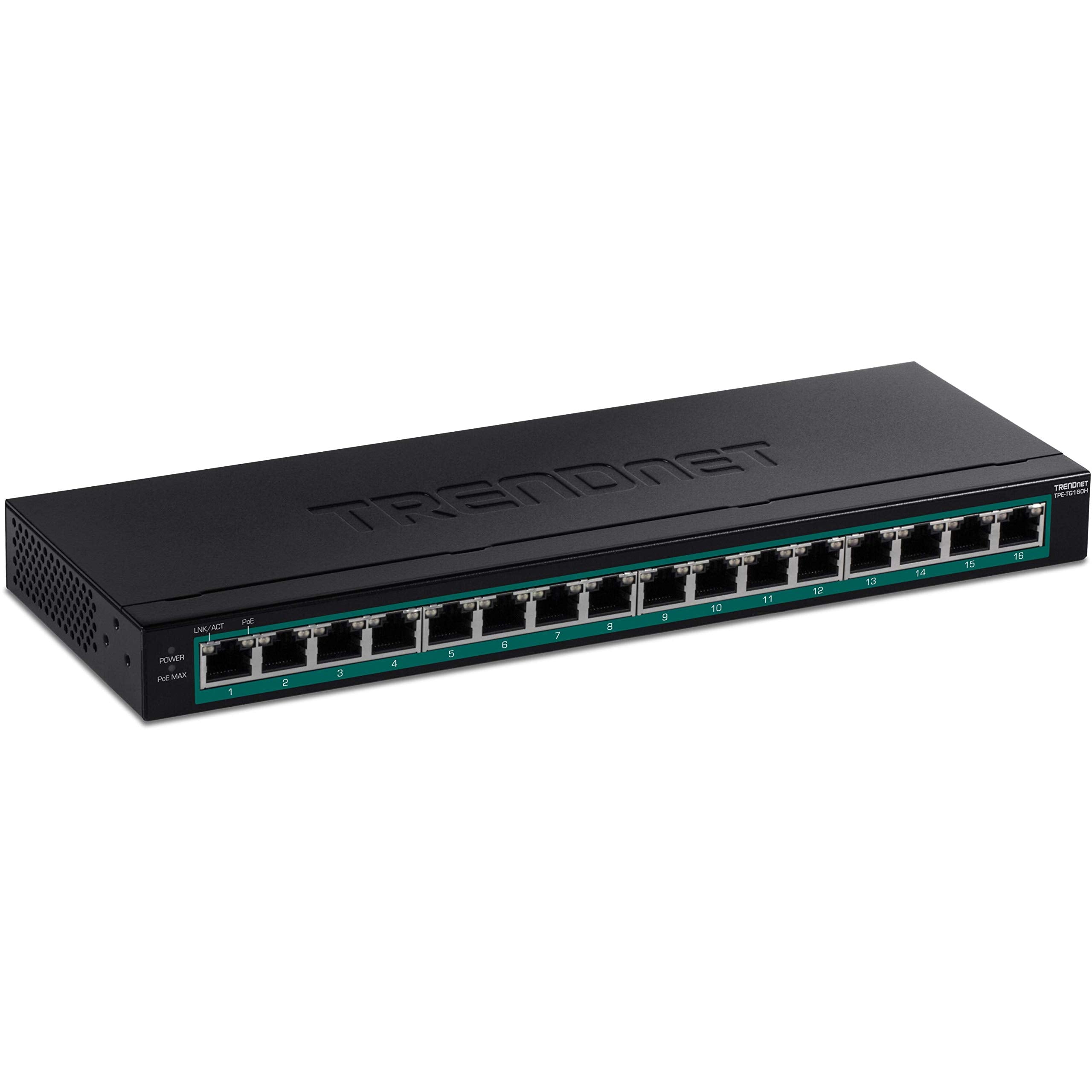 Trendnet 16 Port Gigabit Poe+ Switch Tpe Tg160H 123W Poe Power Budget 32 Gbps Switching Capacity Desktop Switch Ethernet Network