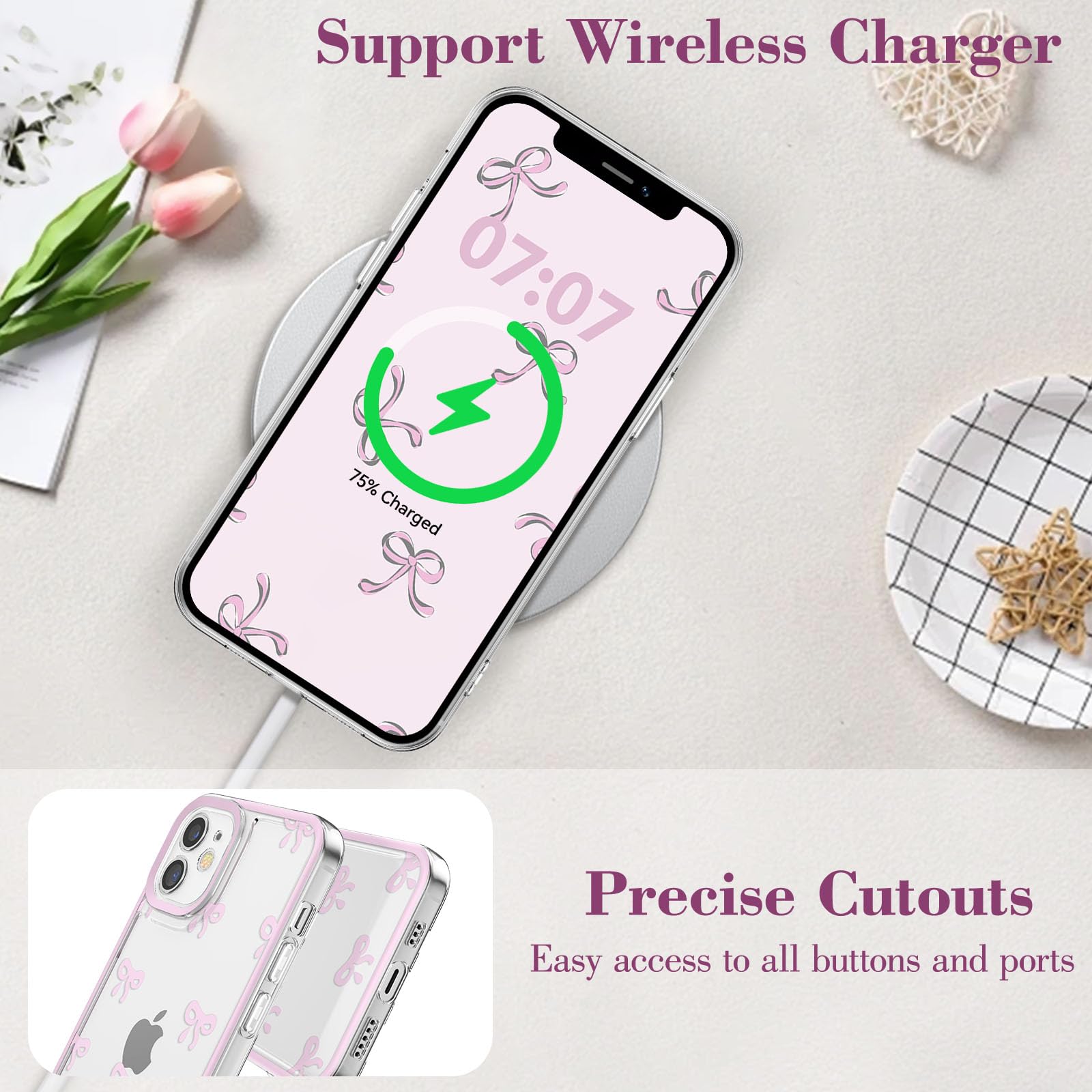 Eyzutak Case For Iphone 12, Clear Cute Ribbon Bowknot Pattern Aesthetic Transparent Phone Case Raised Camera Protection Stylish