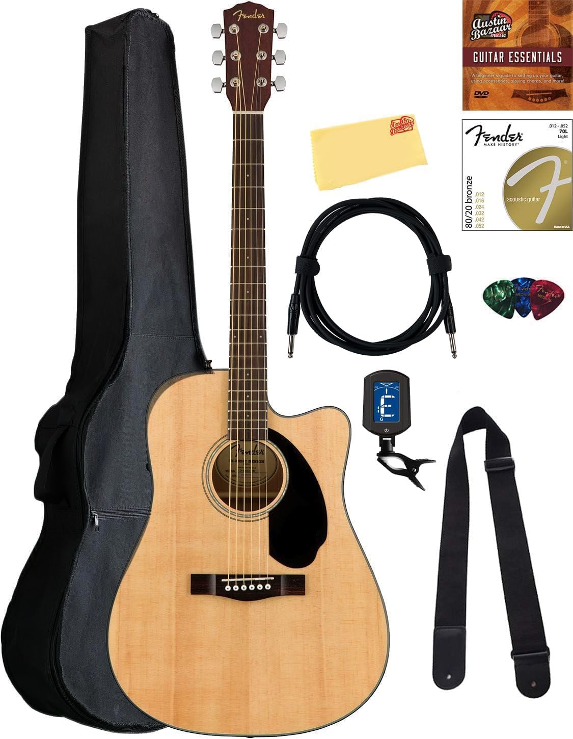 Fender CD-60SCE Solid Top Dreadnought Acoustic-Electric Guitar - Natural Bundle with Gig Bag, Instrument Cable, Tuner, Strap, St