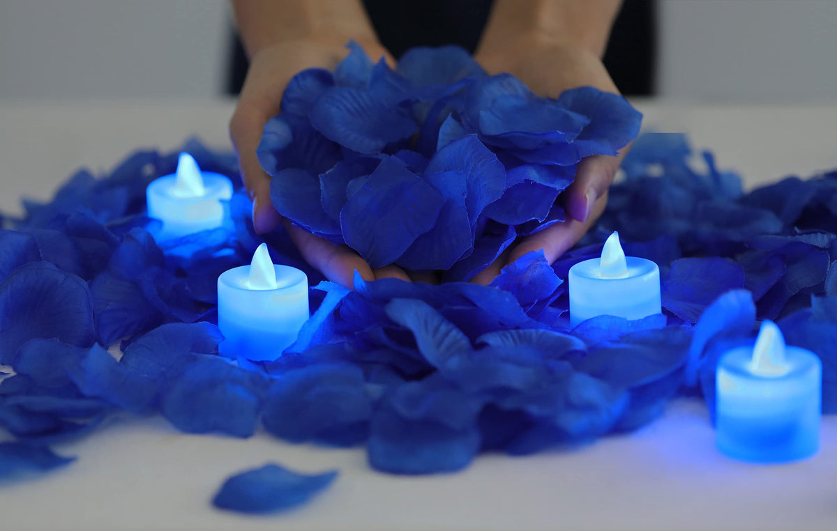 Lanker 500 Pcs Blue Artificial Rose Petals With 24 Pcs Bright Flickering Blue Flameless Led Tea Lights Candles (Blue Lights With