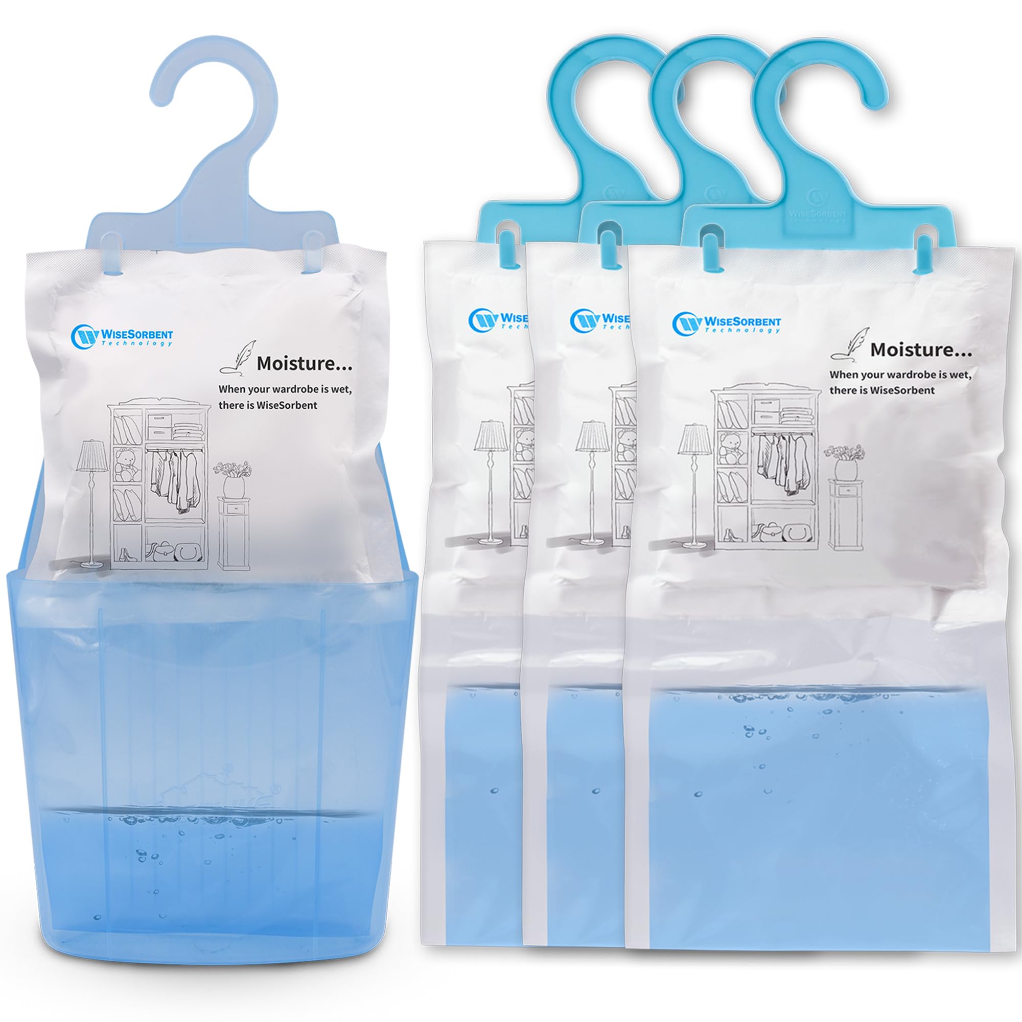 Wisesorb Moisture Absorber Packets With Plastic Case & Hook, Odor Eliminator, Leak Proof, Fragrance Free, Humidity Packs, Hangin