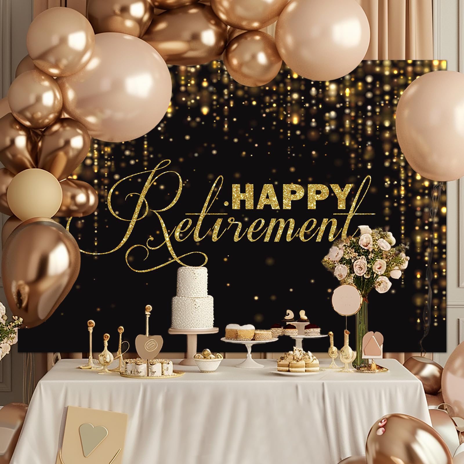 Avezano 7X5Ft Happy Retirement Backdrop Black And Gold Glitter Retirement Photo Background Retirement Party Decorations Glitter Retirement Banner Party Supplies Photo Prop