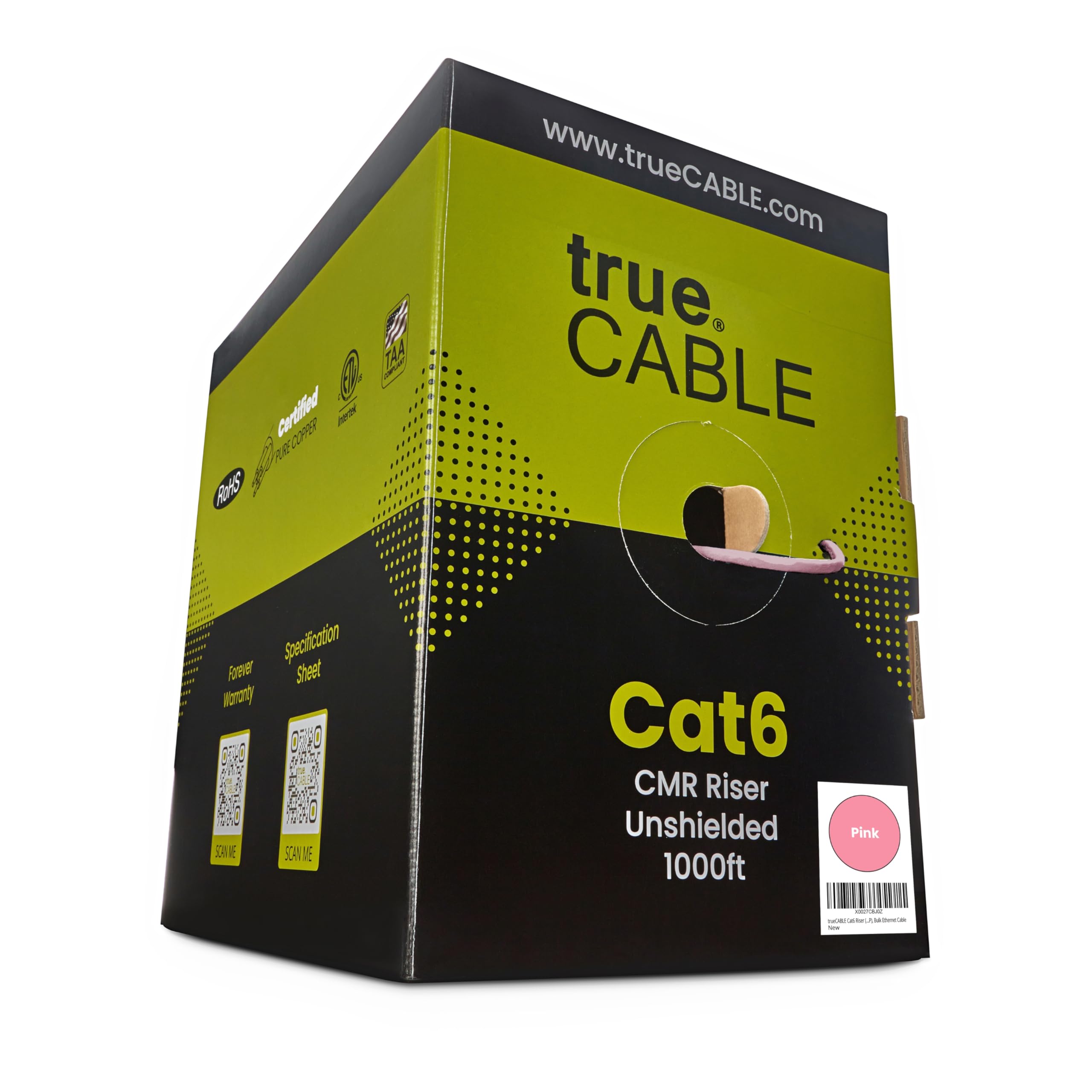 Truecable Cat6 Riser (Cmr), 1000Ft, Pink, 23Awg 4 Pair Solid Bare Copper, 550Mhz, Poe++ (4Ppoe), Etl Listed, Unshielded Twisted Pair (Utp), Bulk Ethernet Cable