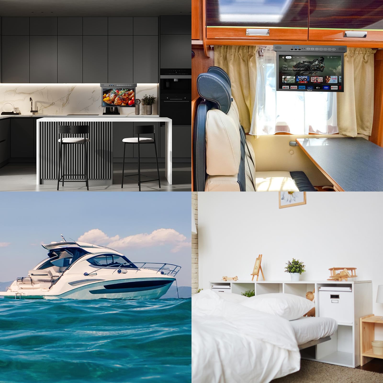 Sylvox 15.6'' Flip Down Smart Tv Under Cabinet Google Tv Supports 360 Degree Rotation Wifi & Wireless Connection, Storage Design