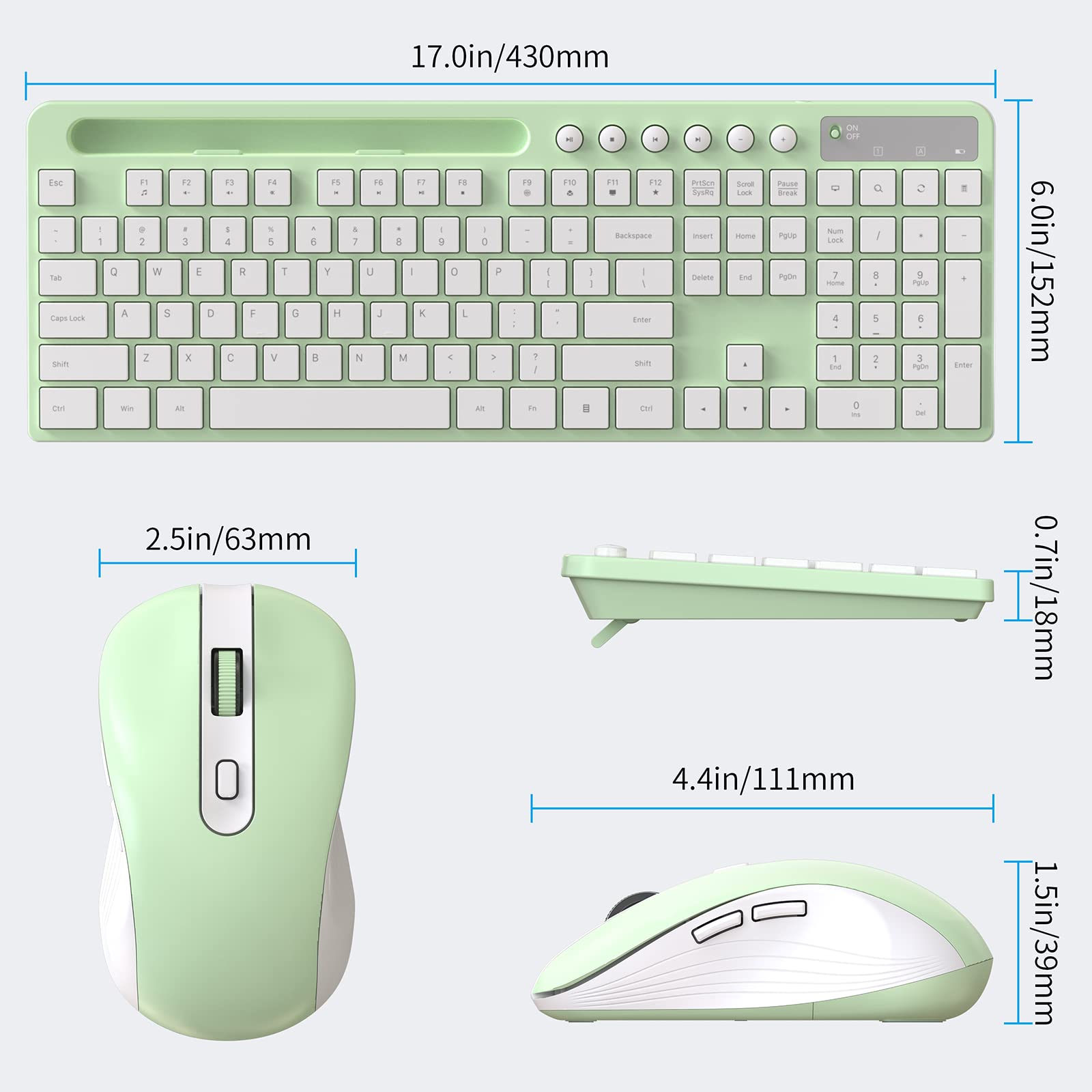 Wireless Keyboard And Mouse Combo, Marvo 2.4G Ergonomic Wireless Computer Keyboard With Phone Tablet Holder, Silent Mouse With 6 Button, Compatible With Macbook, Windows (Green)