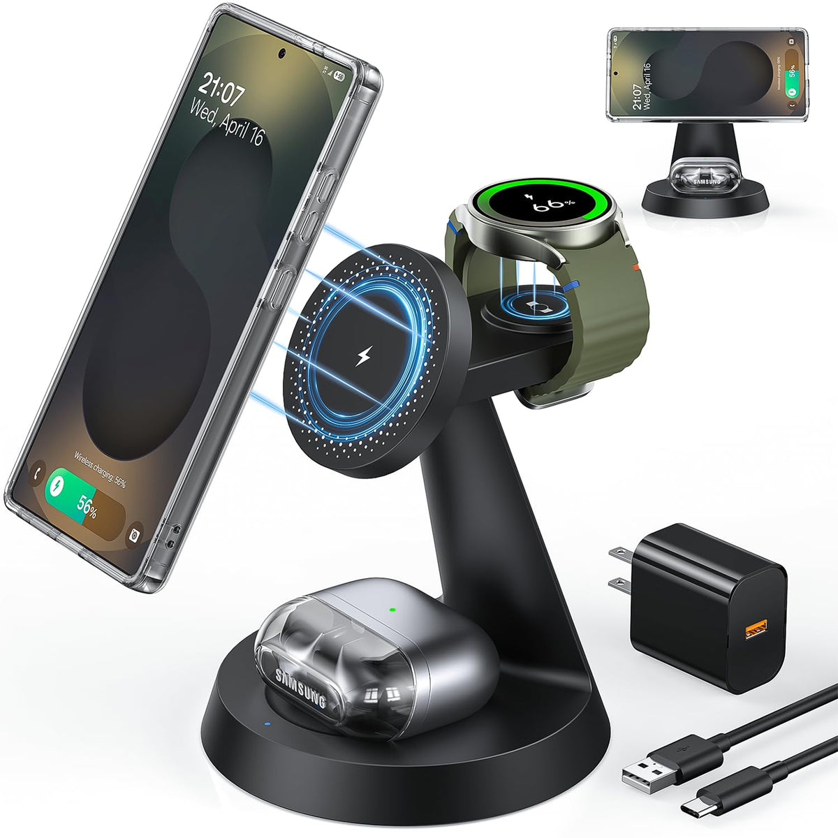 Magnetic Wireless Charger For Samsung, 3 In 1 Charging Station Compatible With Magsafe Samsung Charger For Galaxy S25 Ultra S24 