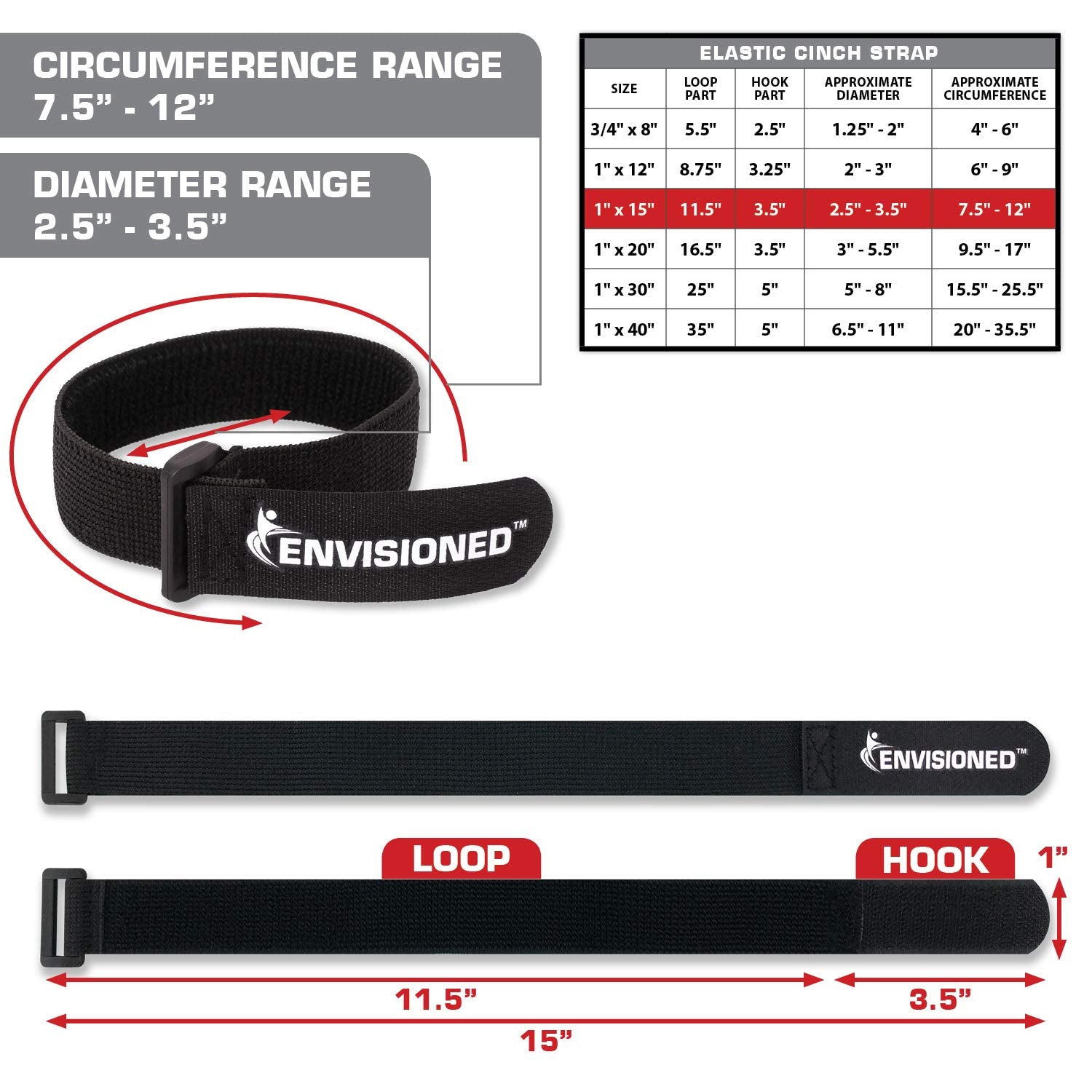 Elastic Reusable Cinch Straps 1''X15''   10 Pack Hook And Loop   Plus 2 Free Bonus Reusable Cable Ties