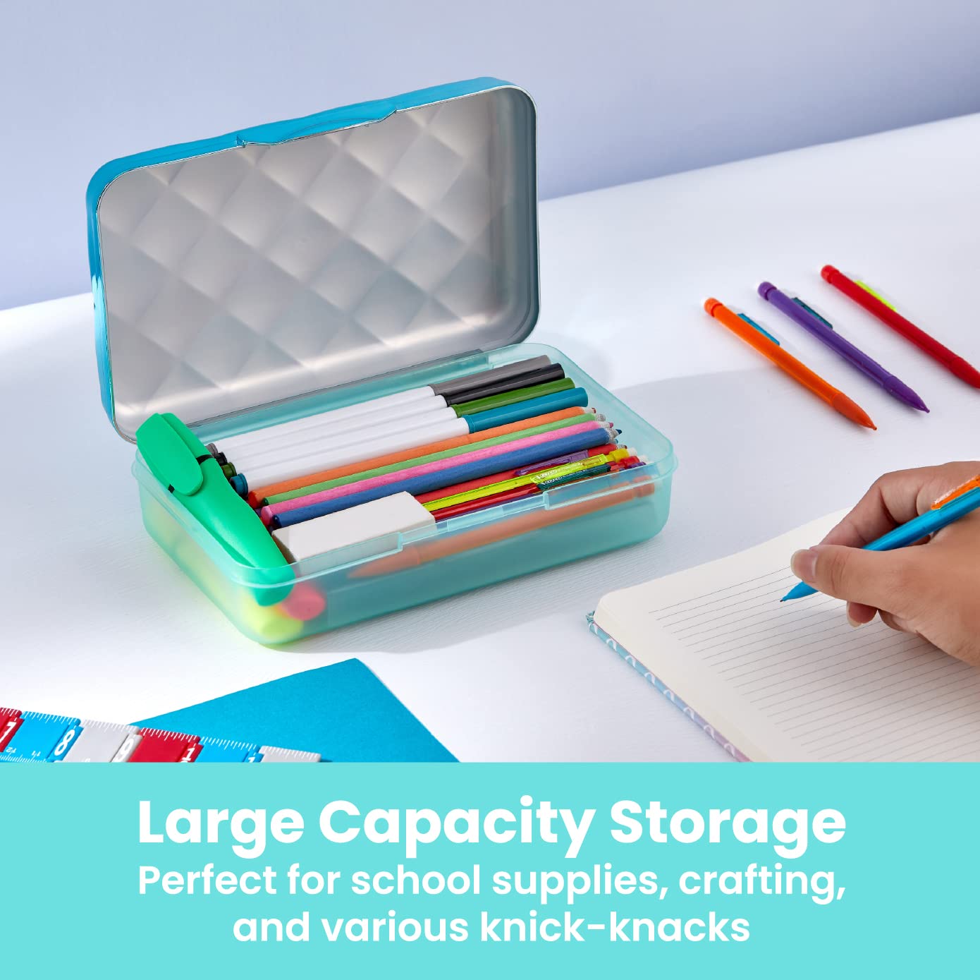 It'S Academic Metallic Pencil Case Box, Hard Plastic, Stylish Quited Pattern Lid, Blue