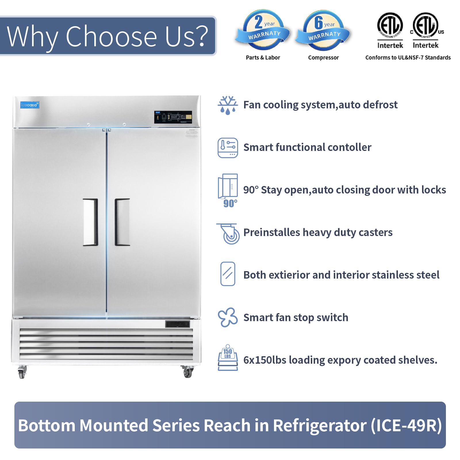 Icecasa 54  W Commercial Refrigerator Reach-In 49 Cu.Ft 2 Solid Door Stainless Steel Commercial Refrigerator Fan Cooling For Res