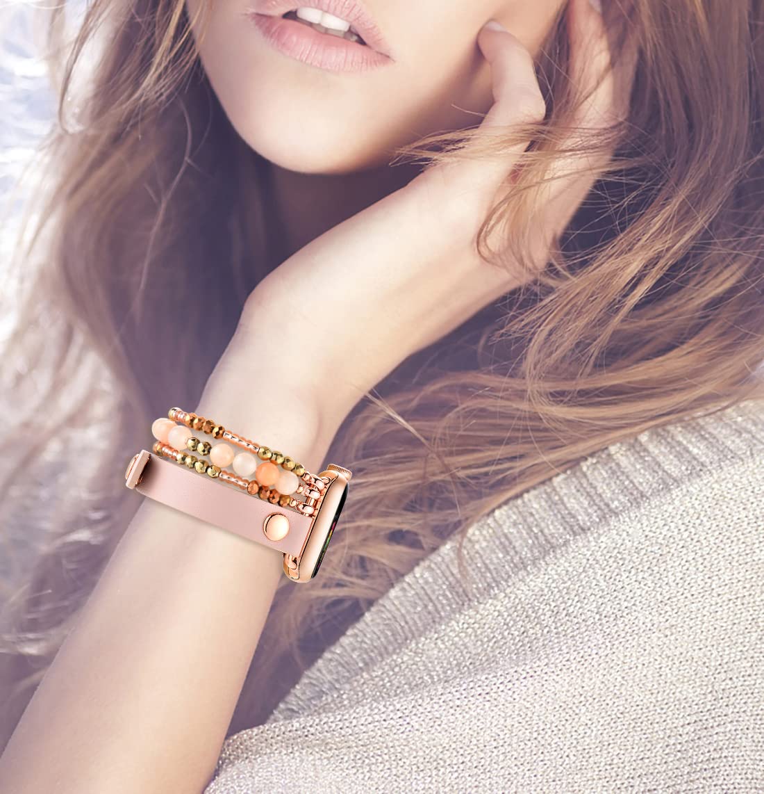 Fastgo Leather Band Compatible With Apple Watch 38Mm 40Mm 41Mm Women Girls, Elastic Beaded Bracelet Strap Adjustable For Iwatch