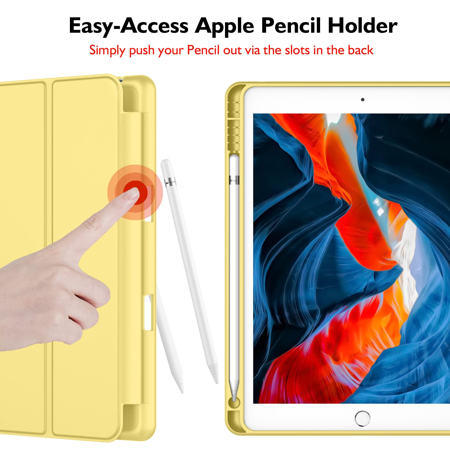 Imieet Ipad 9Th Generation Case 2021/Ipad 8Th Generation Case 2020 10.2 Inch With Pencil Holder, Ipad 7Th Gen 2019 Case With Soft Baby Skin Silicone Back, Auto Wake/Sleep Cover (New Yellow)