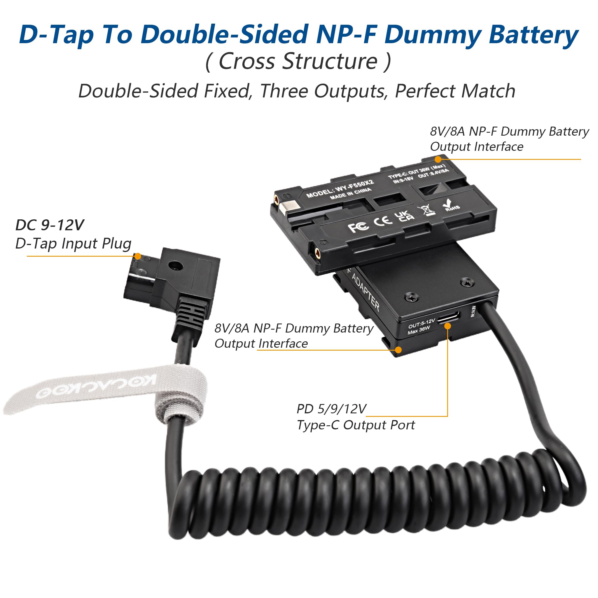 Kocackoo D Tap Ptap To Double Sided Np F550/970/570/770 Dummy Battery Power Adapter (Cross Structure) For Field Monitor, Wireles