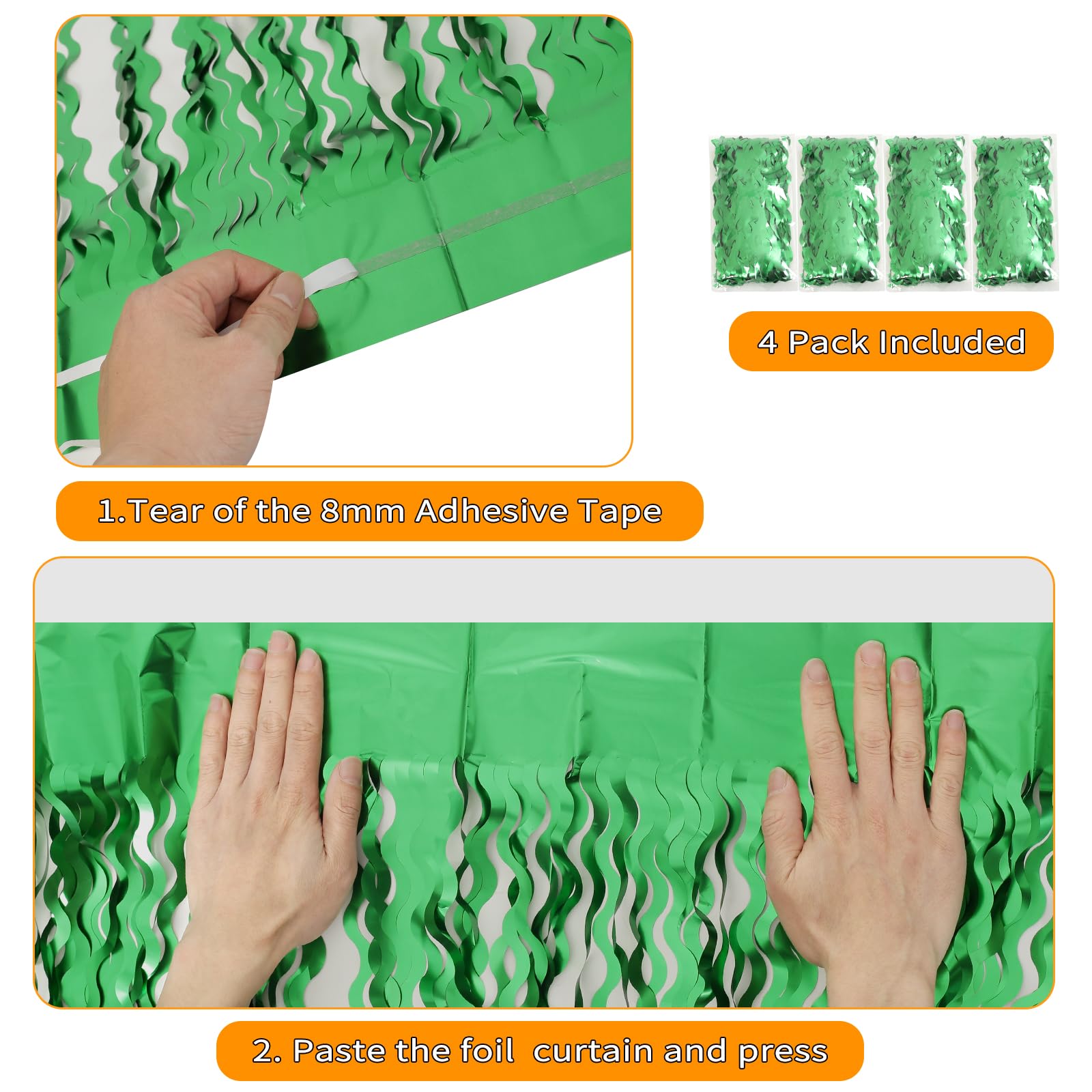 4Pcs Wavy Green Fringe Backdrop  3.3X6.6Ft Green Streamer Foil Curtains For Jungle Party Decorations | St Patricks Day Decoratio